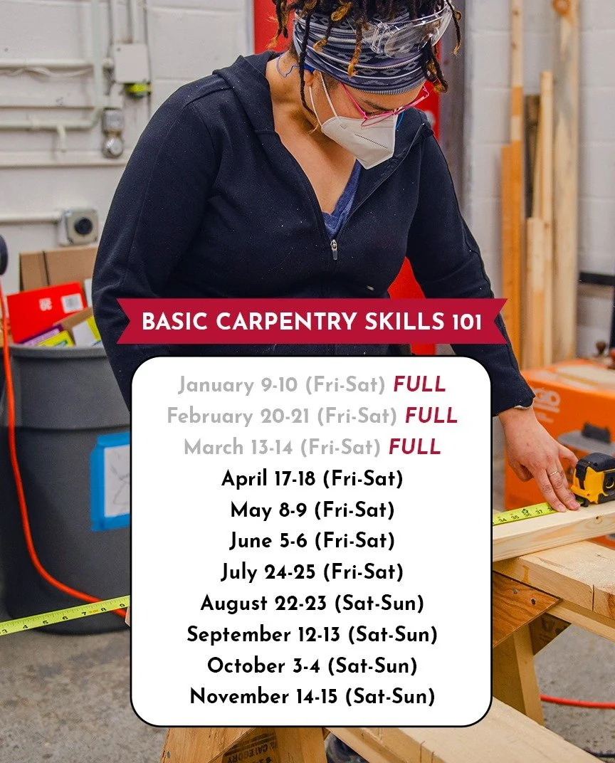 Our most popular class is filling up fast! 🔨 Basic Carpentry Skills 101 is a hands-on, two day deep dive into using power tools safely and confidently. If you&rsquo;ve been meaning to learn carpentry, this is your sign: it's time to learn practical 