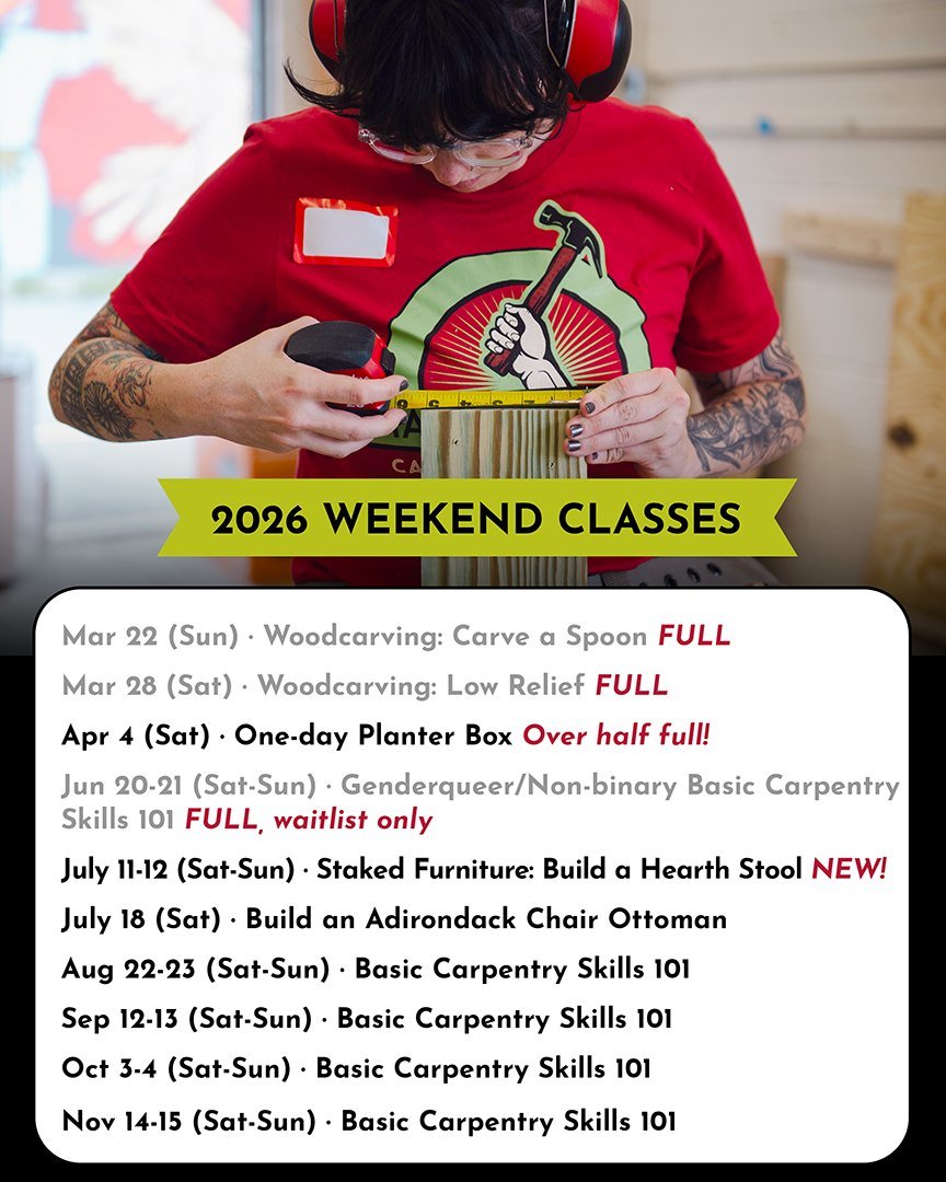 WEEKEND classes are filling early! We still have spots in fine furniture building classes open to beginners, a discounted One-day Planter Box class, and our most popular course, Basic Carpentry Skills 101! 
SIGN UP &rarr; hammerstoneschool.org/all-ca