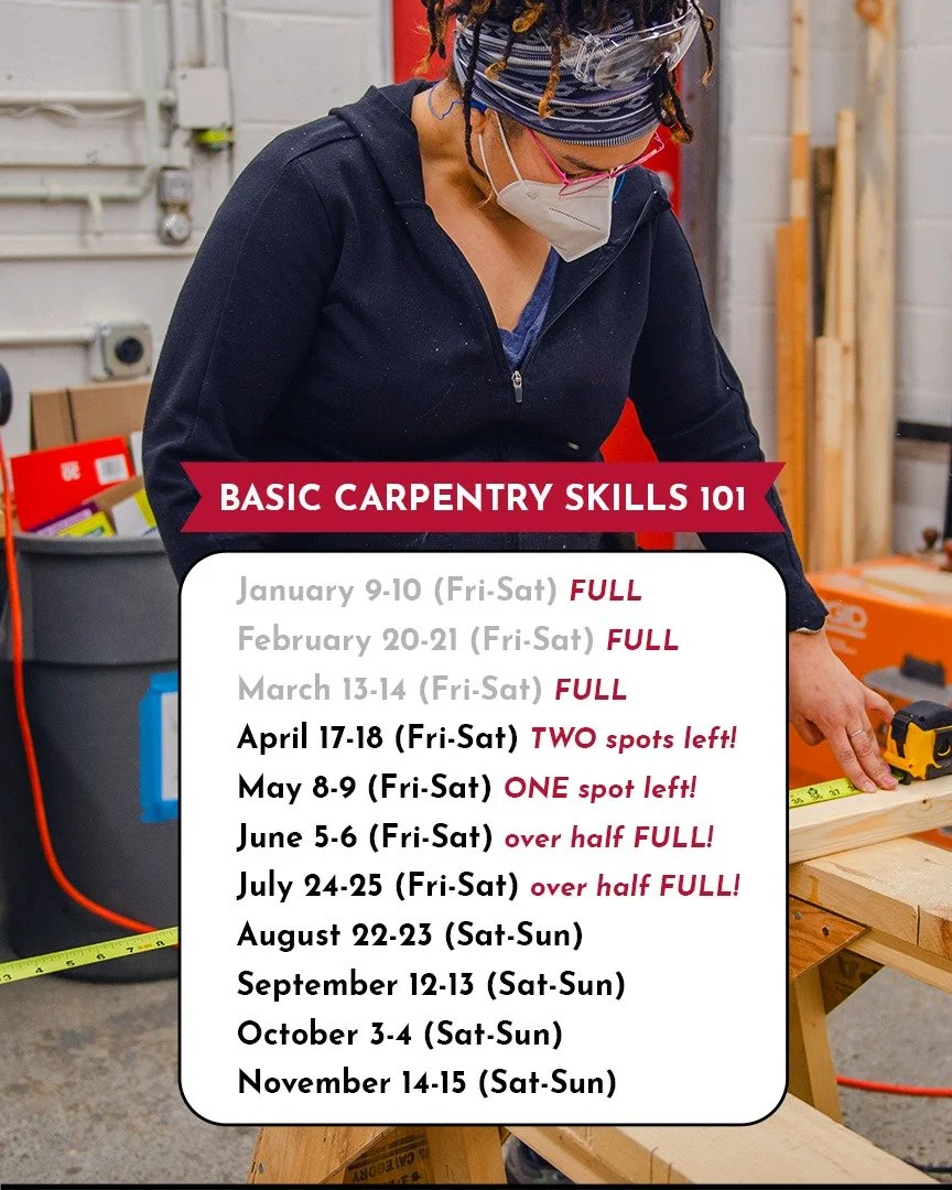 Our most popular class is filling up fast! 🔨 Basic Carpentry Skills 101 is a hands-on, two day deep dive into using power tools safely and confidently. If you&rsquo;ve been meaning to learn carpentry, this is your sign: it's time to learn practical 