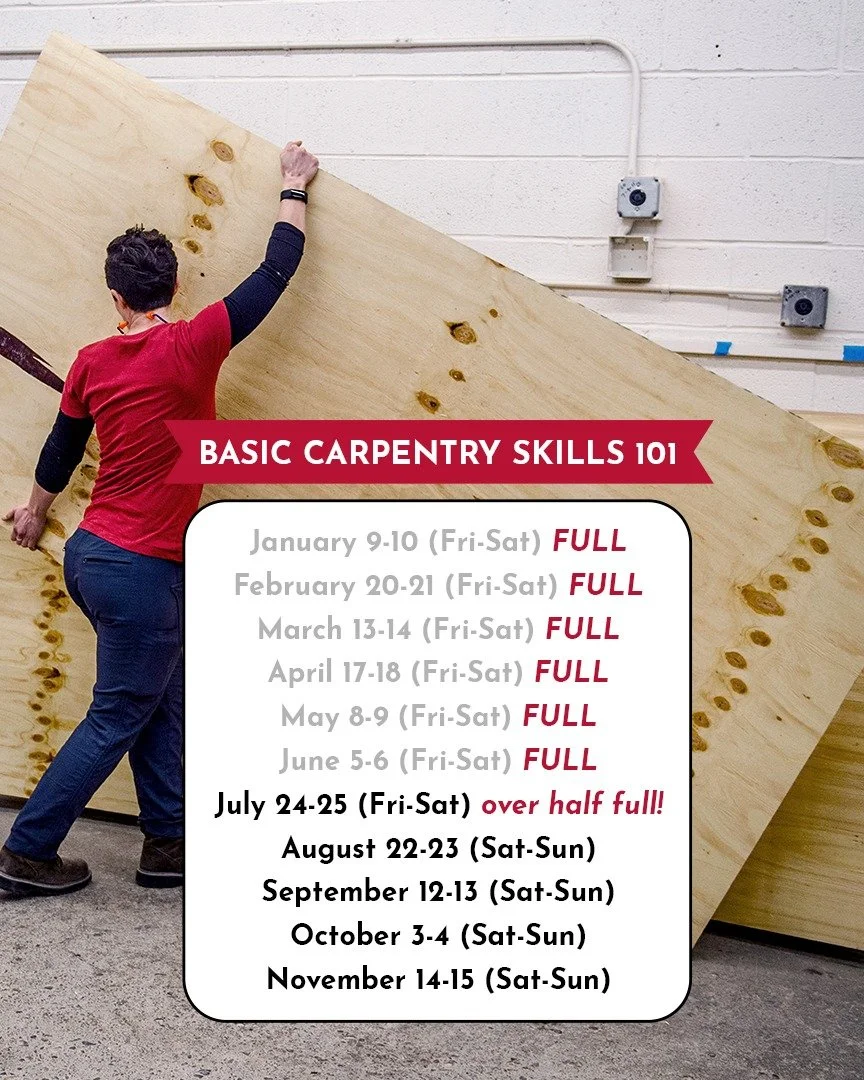 Our most popular class is almost full for the summer! The next opening is in July and we expect this session to fill soon. 🔨 Basic Carpentry Skills 101 is a hands-on, two day deep dive into using power tools safely and confidently. If you&rsquo;ve b