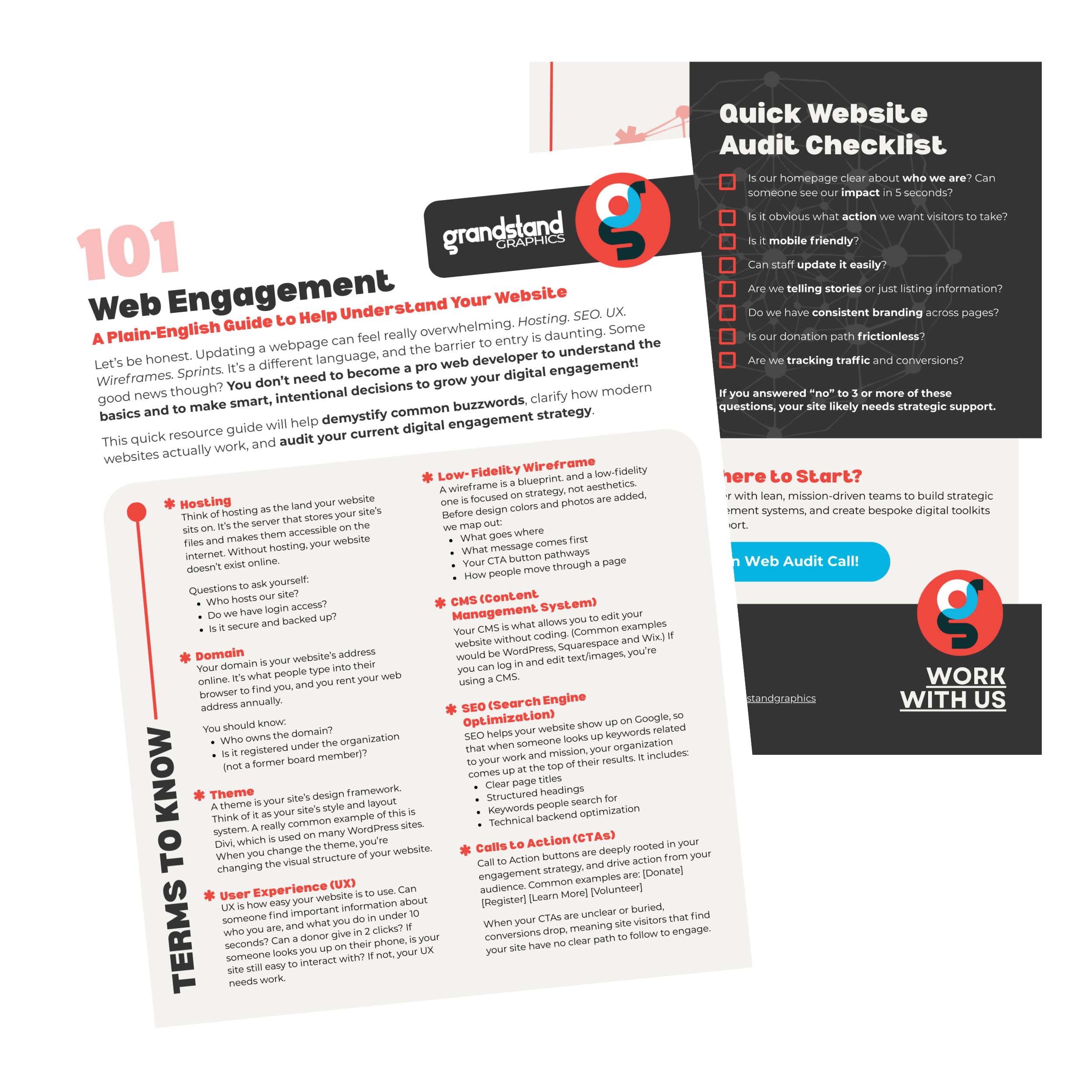 A webpage titled 'Web Engagement: A Plain-English Guide to Help Understand and Grow Your Website' by Grandstand Graphics, featuring sections on website terms and a quick website audit checklist. The page includes a logo, headings, bullet points, and a call-to-action button.