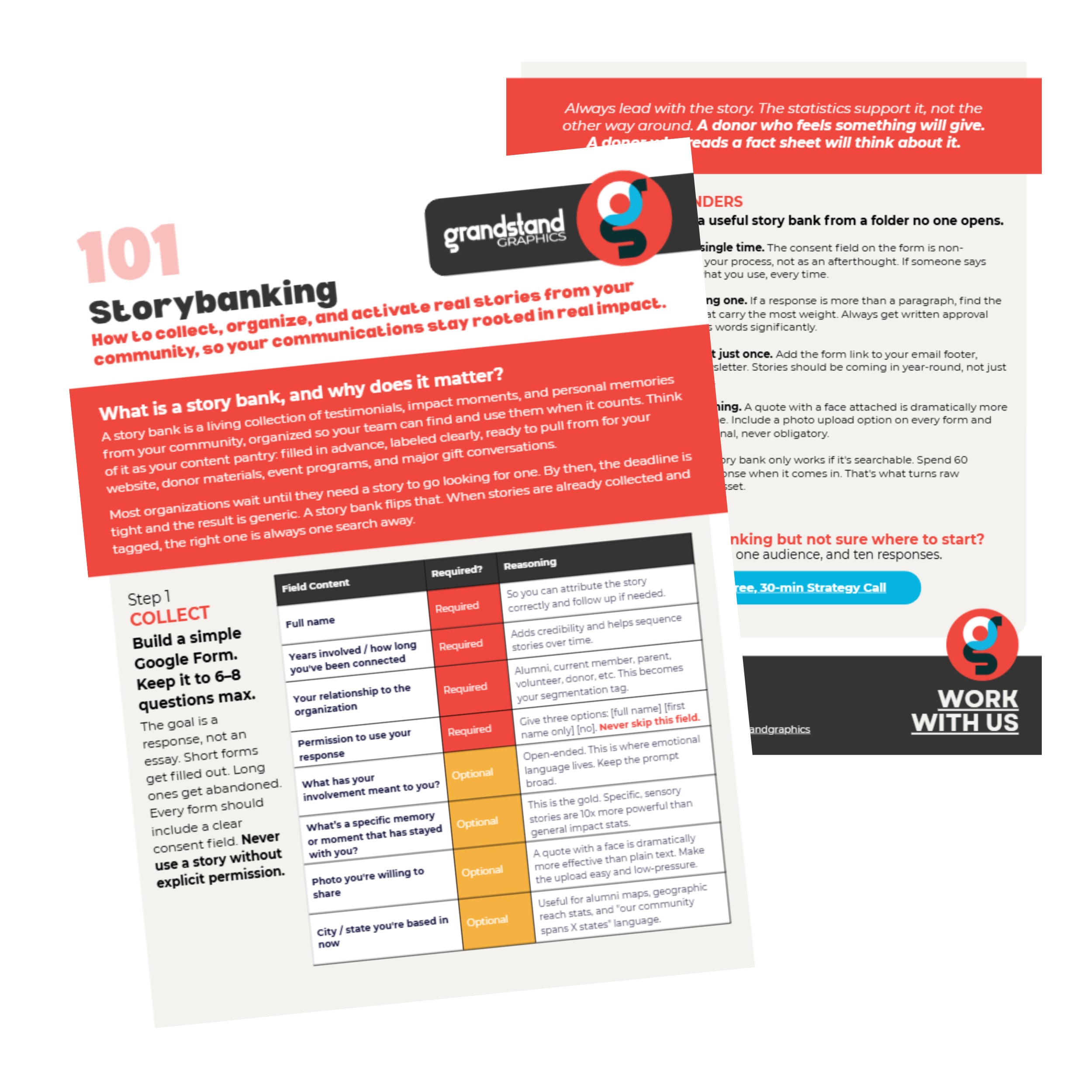 A collection of printed guides and infographics about storytelling, including a featured section titled 'Storybanking' with tips on collecting, organizing, and activating real stories from the community, and a colorful table with steps and criteria for creating a story bank.