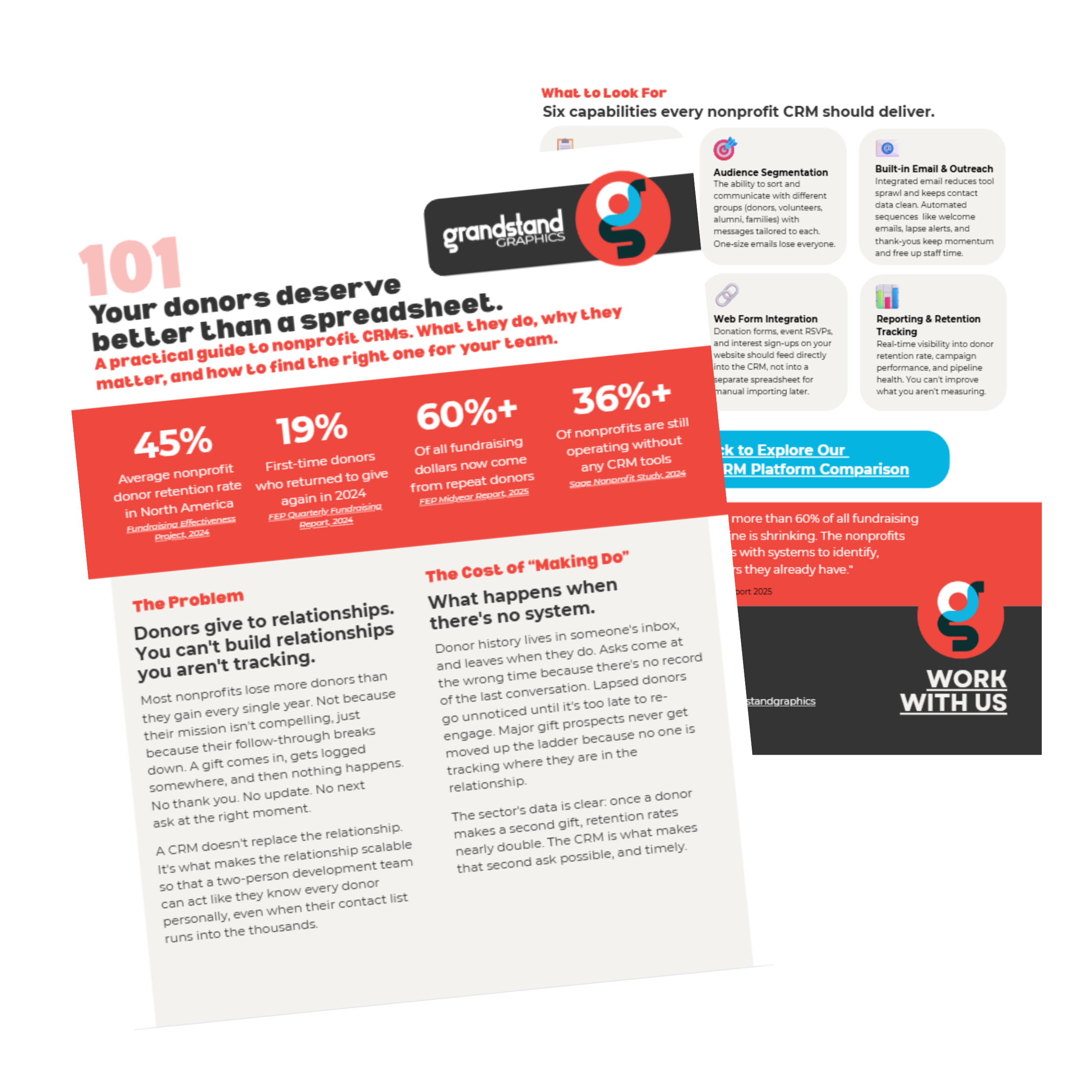 Two printed pages of a nonprofit guide about CRM systems, showing statistics, problem analysis, and solutions related to donor relationships and tracking.
