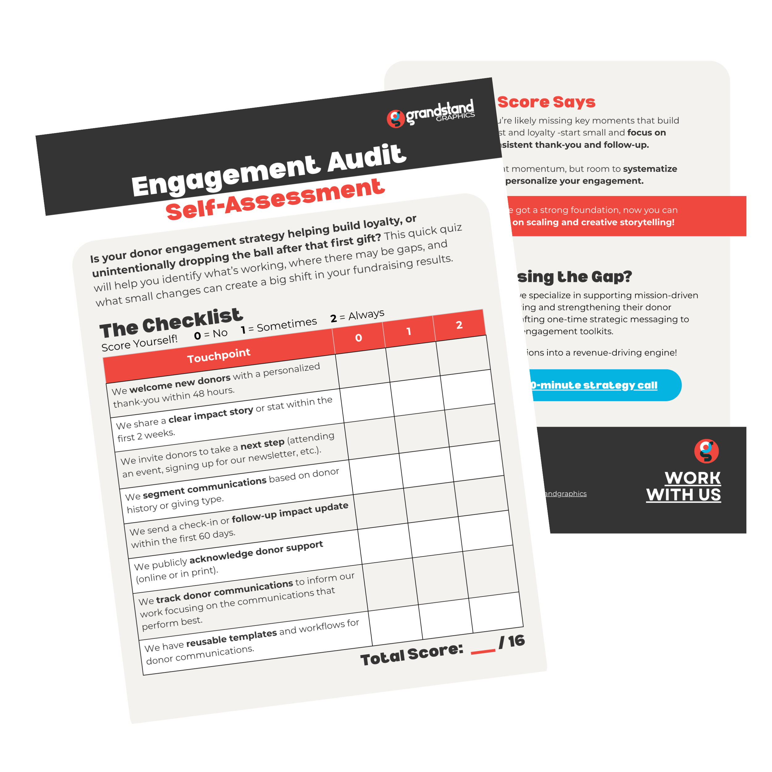 A printed engagement audit self-assessment worksheet with a checklist to evaluate donor engagement strategies, including items like welcoming donors, sharing impact stories, inviting next steps, and updating on support, with scoring options from 0 to 2 and a total score at the bottom.