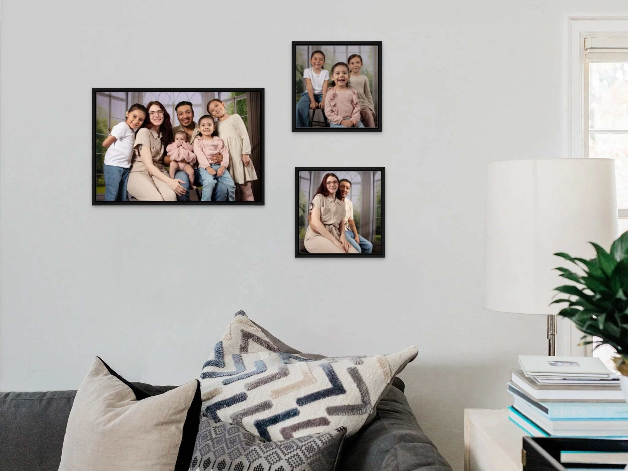 Family portrait hanging on a wall of a home.