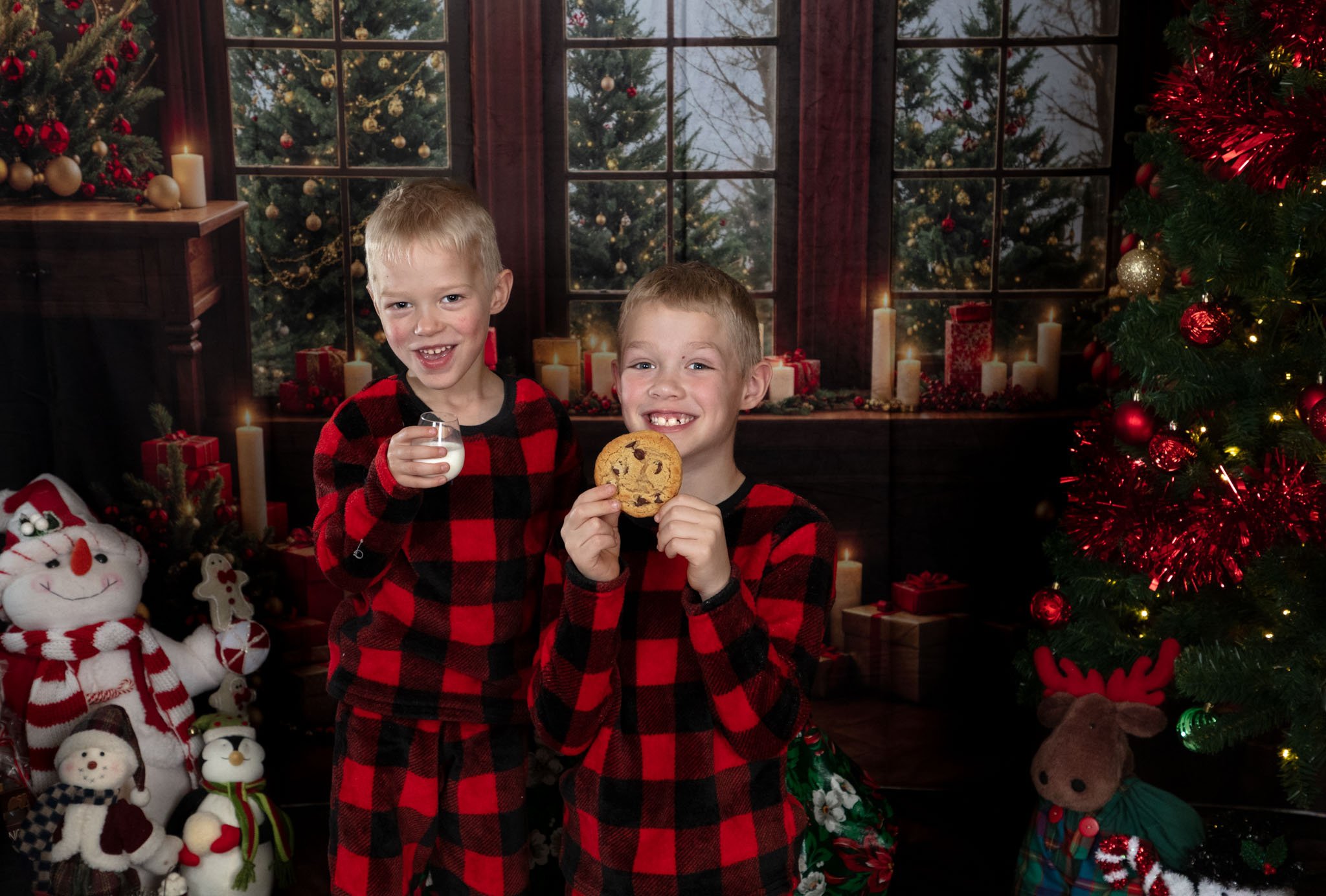 Two young boys wearing matching red and black plaid pajamas standing in a Christmas decorated room, one holding a glass of milk and the other holding a chocolate chip cookie, smiling at the camera.