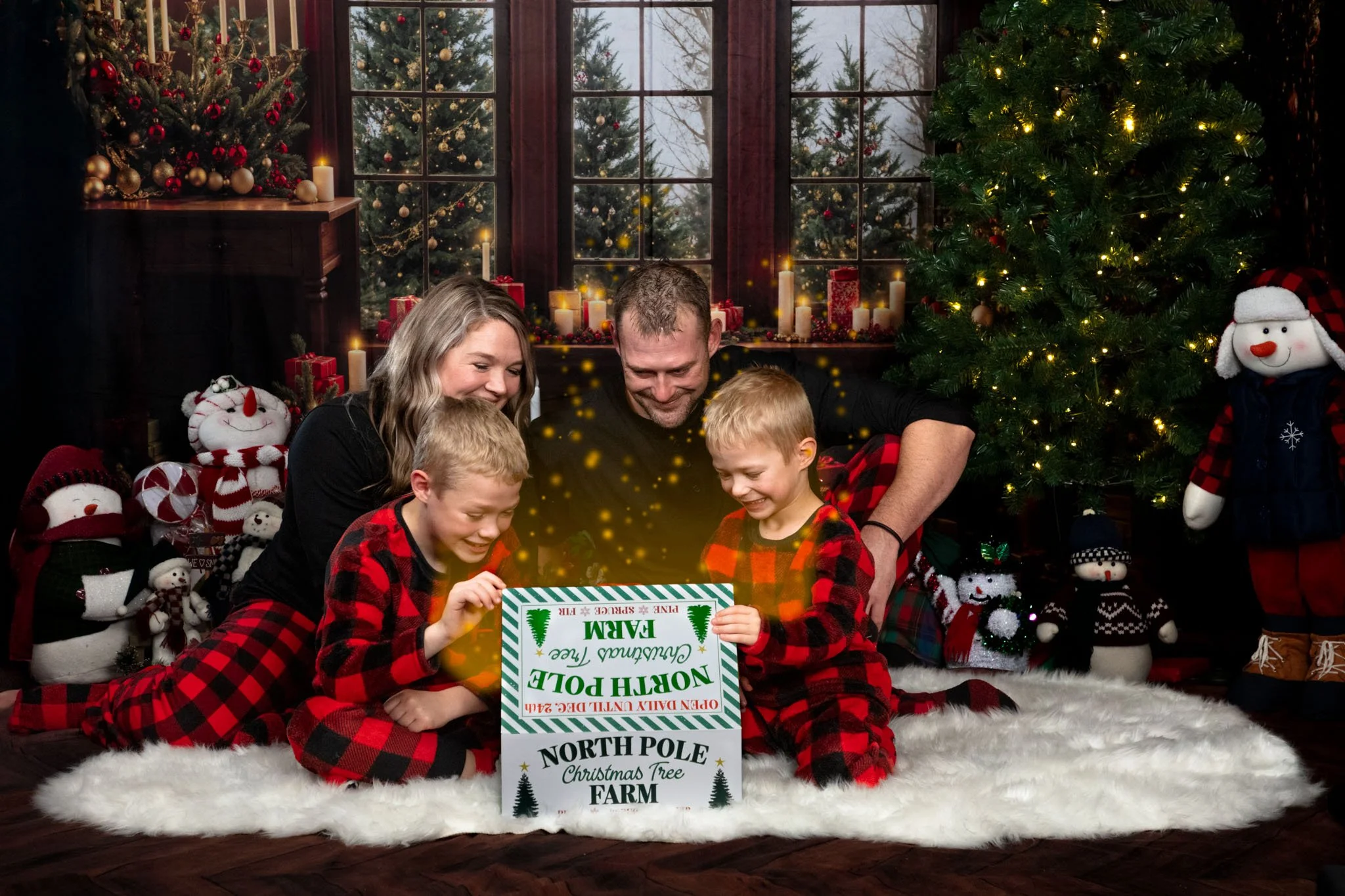 Family of four, including two young boys, sitting on a white furry rug in front of a decorated Christmas tree, holding a sign that says 'North Pole Christmas Tree Farm' with a festive background of Christmas decorations and candles.