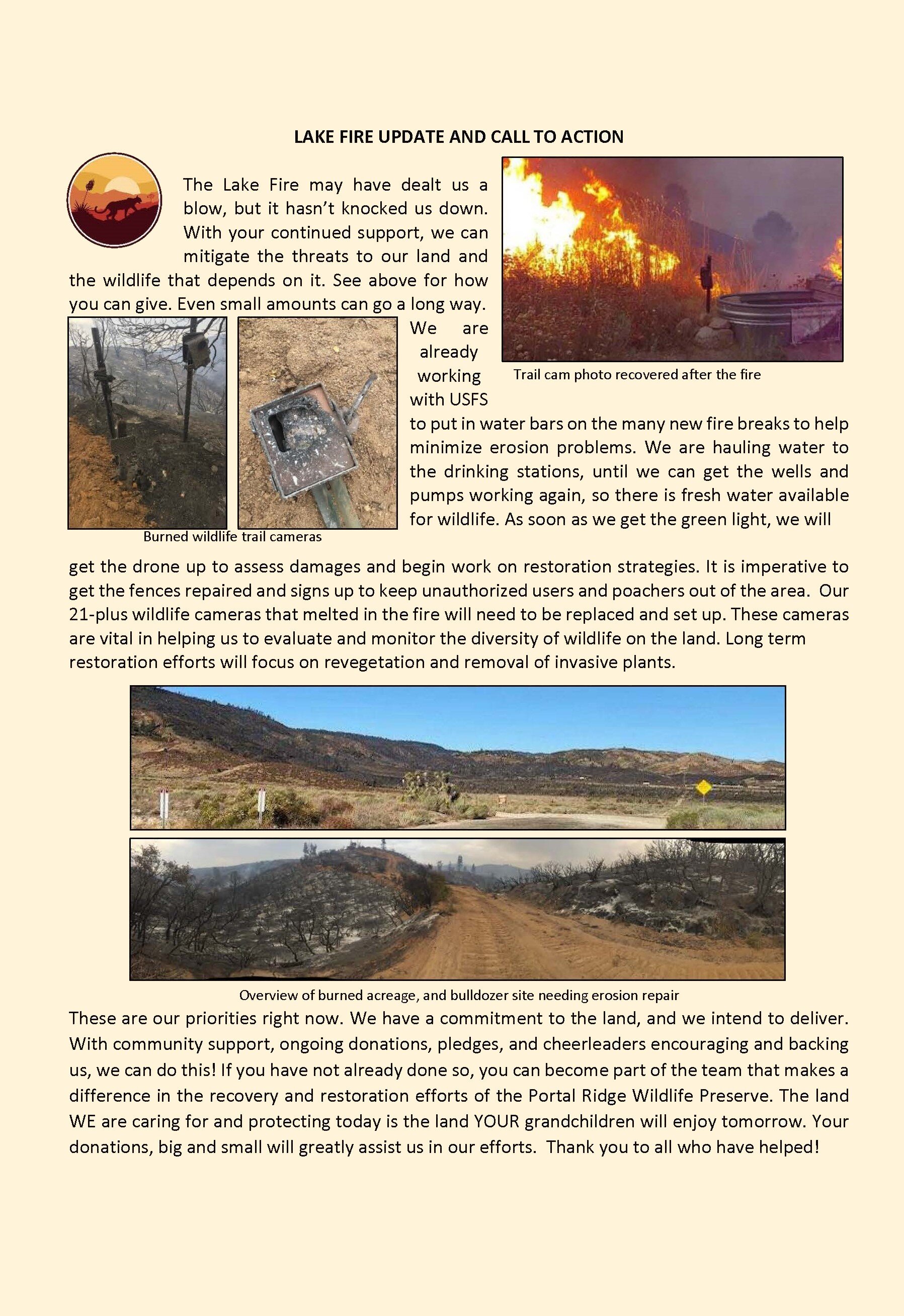 Lake Fire Update and Call to Action. Text from image is above