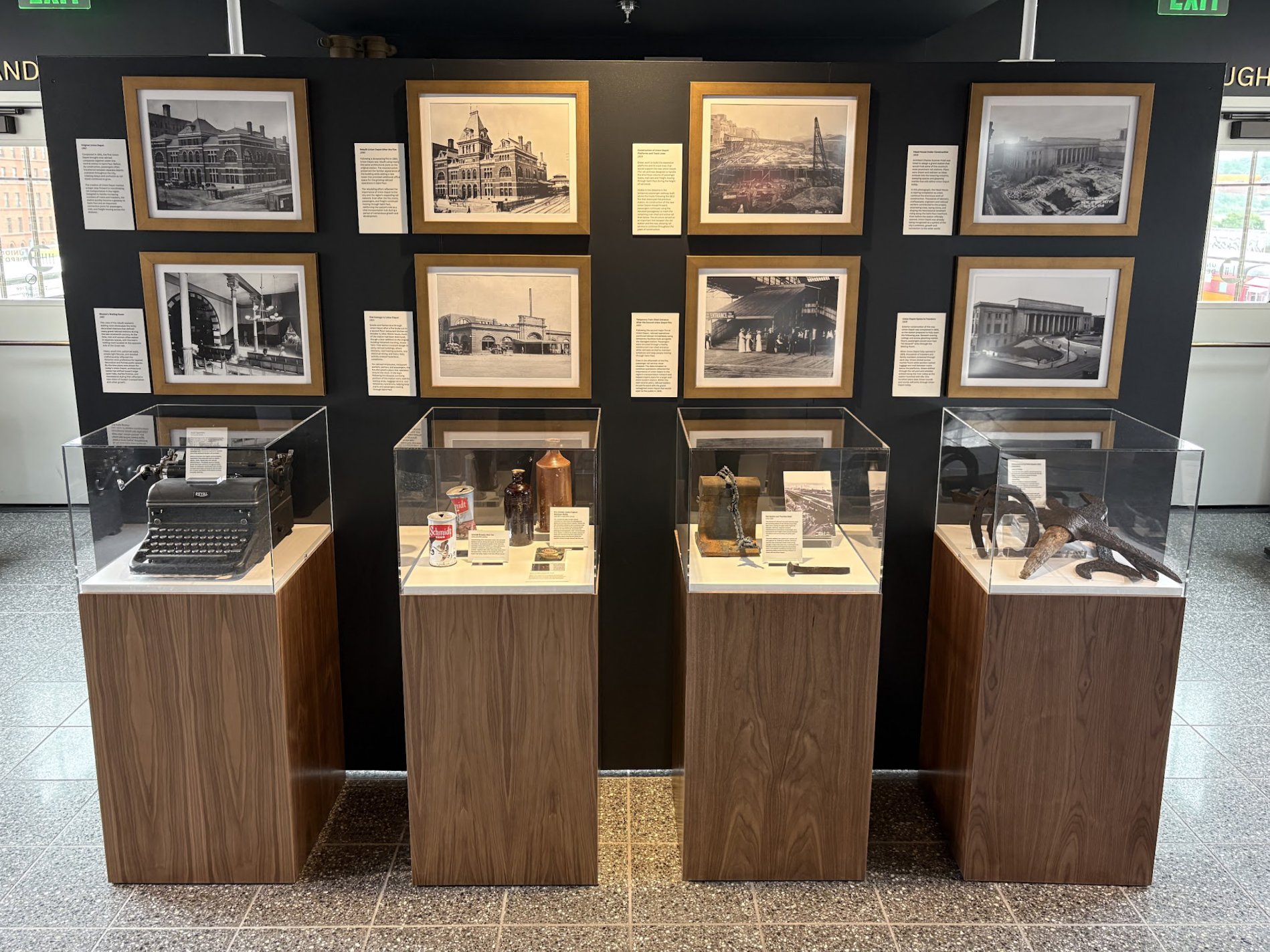 Union Depot Saint Paul Minnesota reconstruction images from past fires and rebuilds along with artifacts recovered from the renovation that were curated by West Design