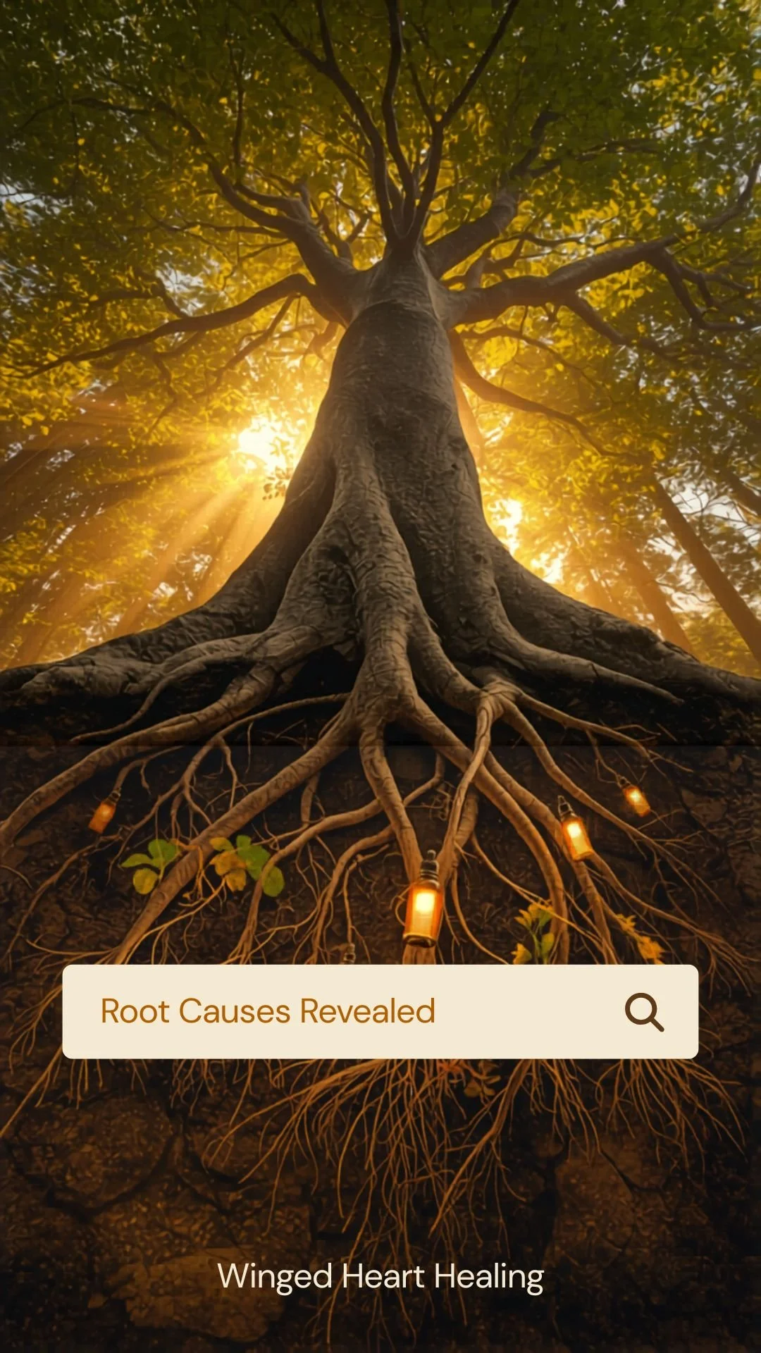 Symbolic Root Causes of Autoimmune Disease on a Tree growing roots and golden light shining through the branches with Nik Heartsong Winged Heart Healing Root Cause Medicine