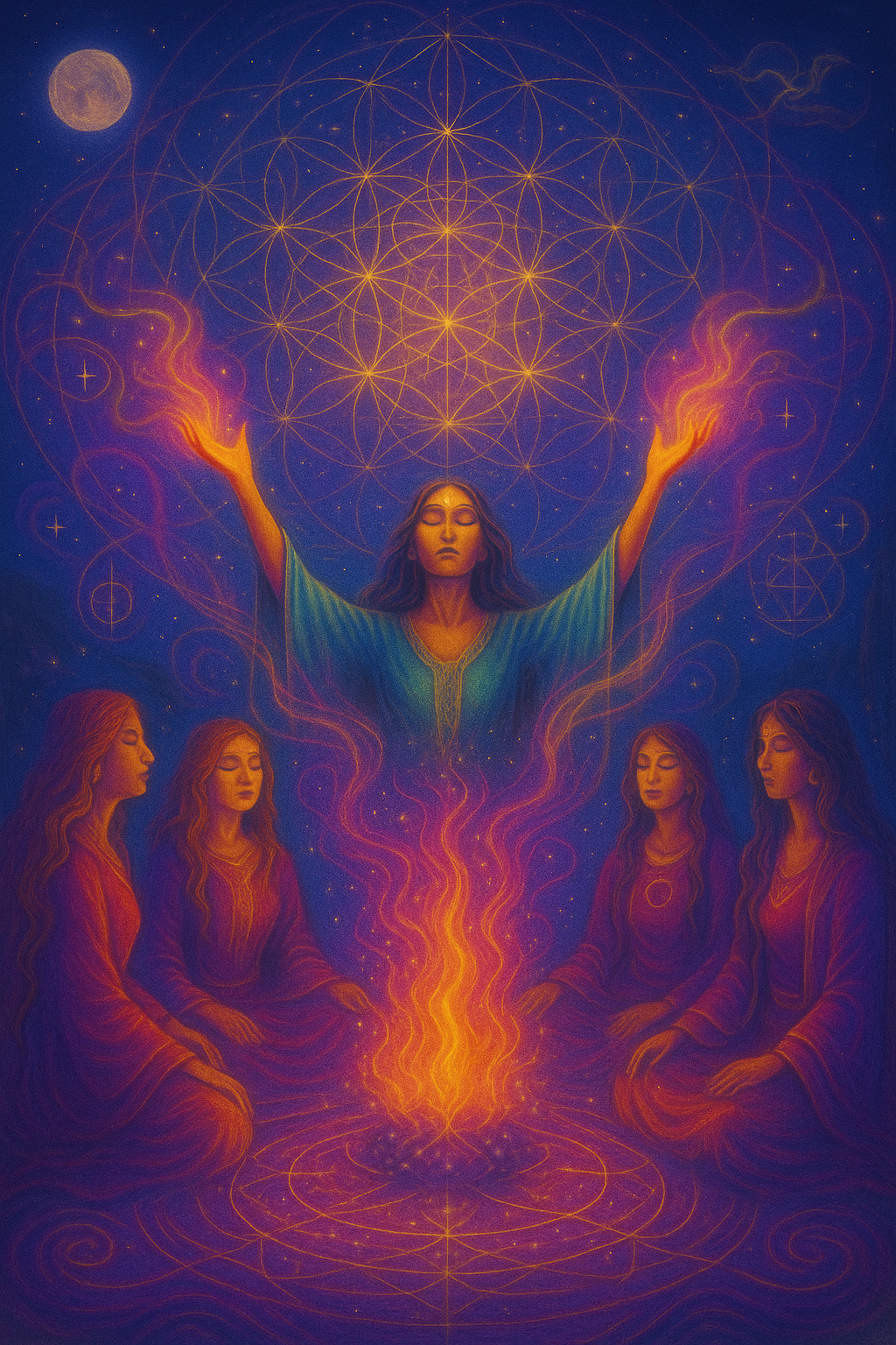 Ceremonial Templates for Circle Work by Nik Heartsong Winged Heart Healing a Circle of Women circling around a fire under a light encoded sky