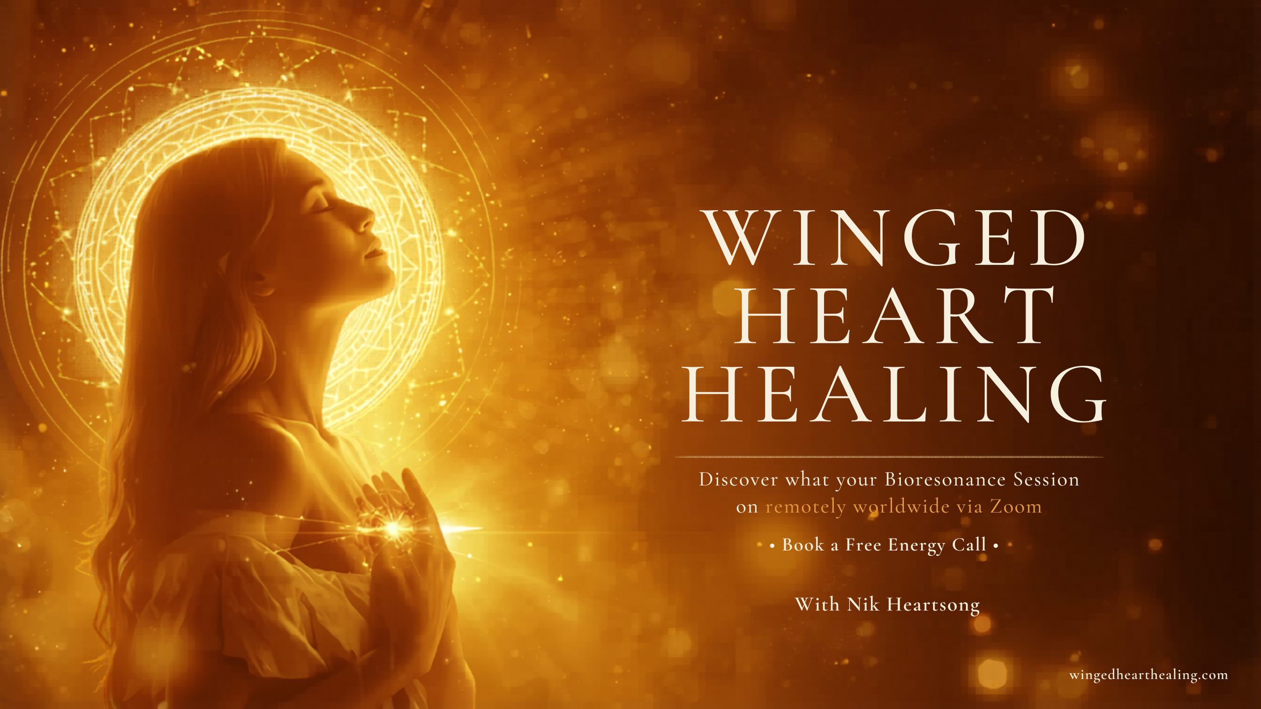Winged Heart Healing Book a Quantum Bioresonance Session with Nik Heartsong Golden Sacred Geometry Radiating out like a sun from the head of a profile of a woman