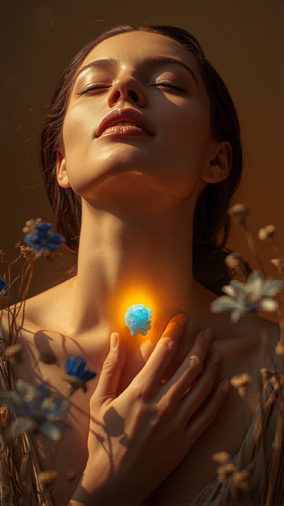 The Root Cause of thyroid dysfunction What is Actually Driving Your Symptoms Image of Woman Touching Her Throat with Blue Glowing Thyroid Gland Natural healing with Nik Heartsong Winged Heart Healing