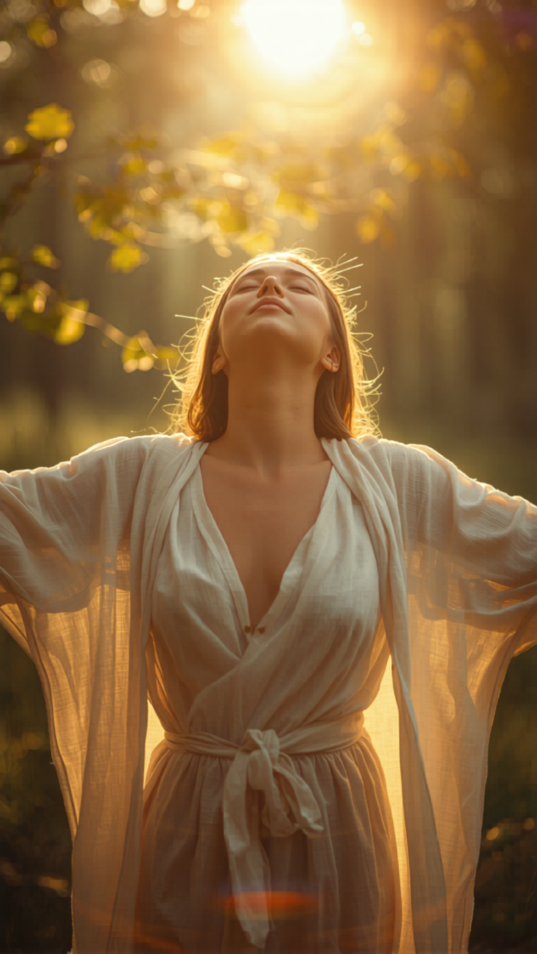 Woman Embracing Golden Light in Forest What's Possible Healing Autoimmune with Nik Heartsong Winged Heart Healing
