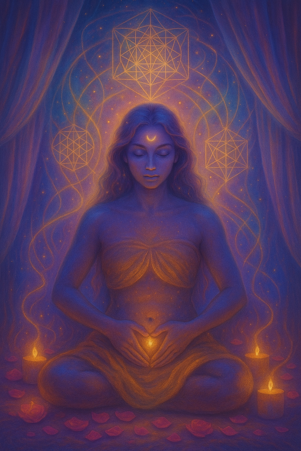 Womb Healing and Womb Wisdom Priestess Ceremony with Nik Heartsong Original Art by Nik Heartsong Winged Heart Healing Woman with Golden Light Codes with Her hands on her womb in a heart shape