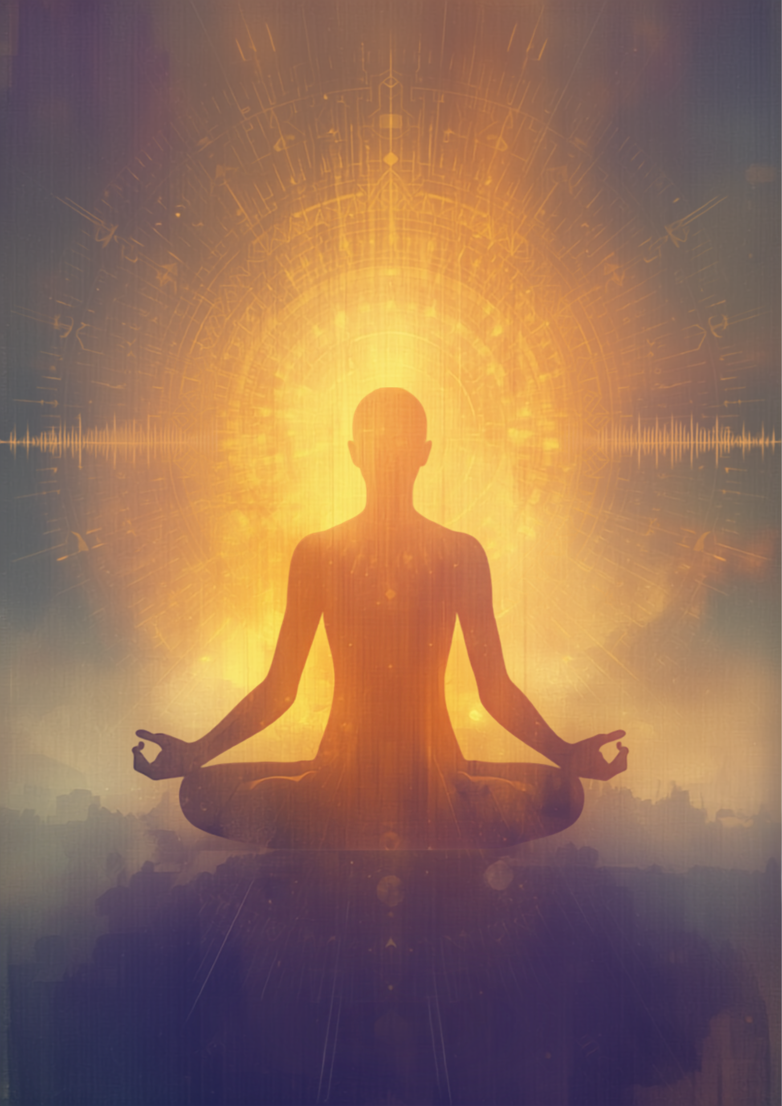 Frequency Medicine Energy Healing Quantum Bioresonance Silhouette Embraced by Light in Lotus Pose