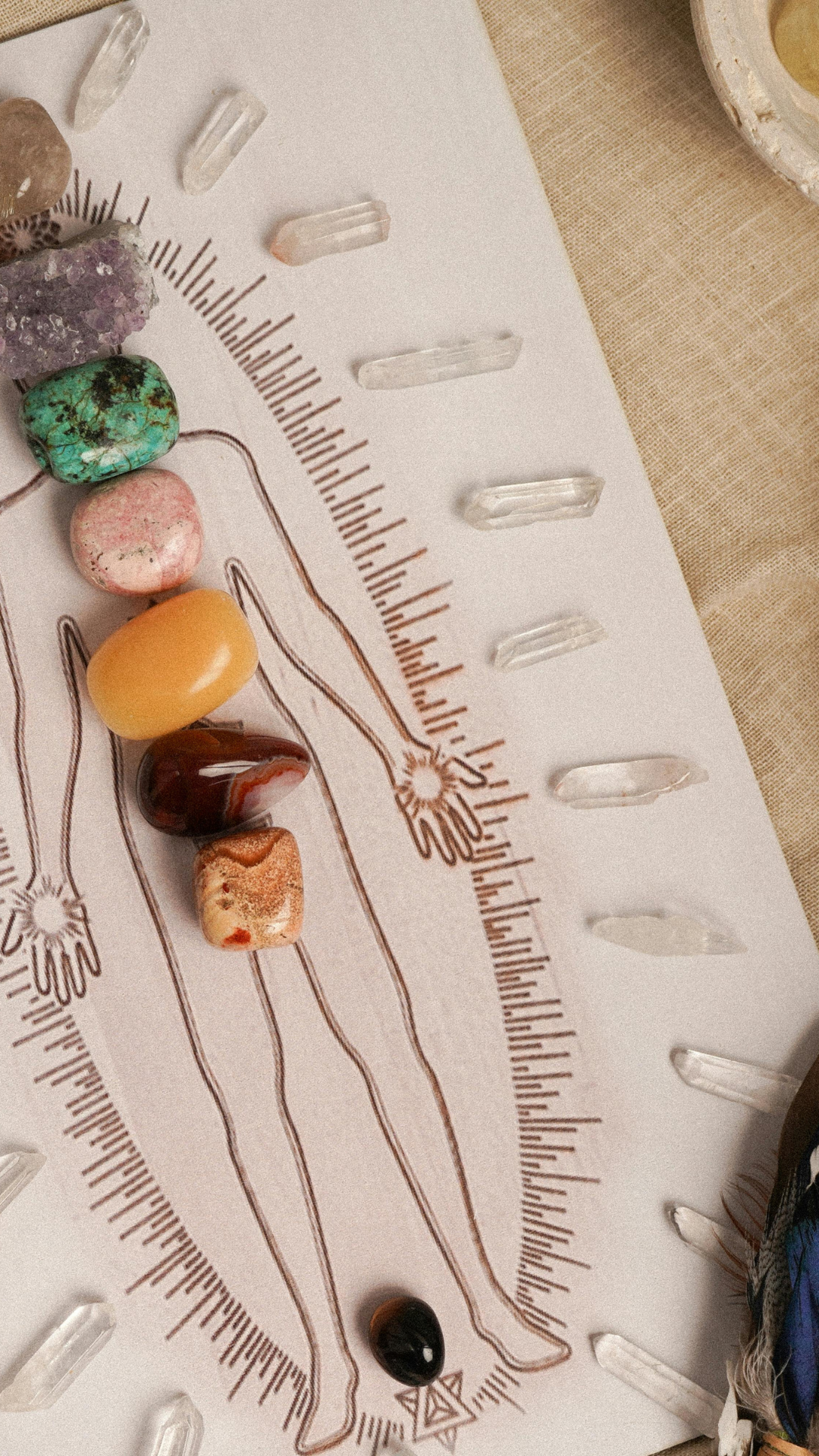 The Comprehensive Natural Protocol for Parasitic Mental health Depression and Anxiety Image of Chakra Balancing Stones on a Drawing of the Human Body Root Cause Healing with Nik Heartsong Winged Heart Healing