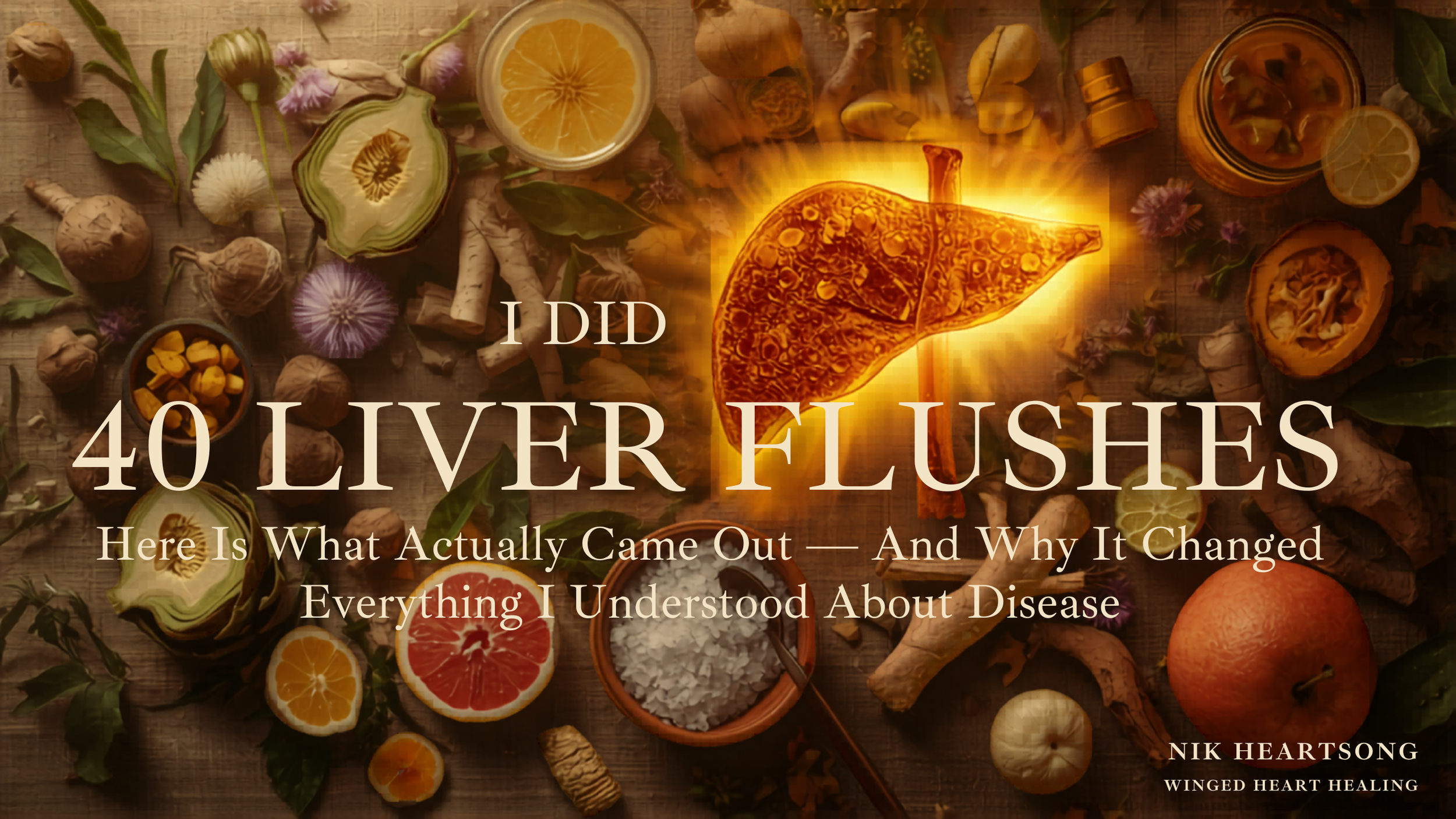 I did 40 Liver Flushes. Here is What Actually Came Out by Nik Heartsong Winged Heart Healing Image of Liver Flush ingredients and a vibrant golden liver