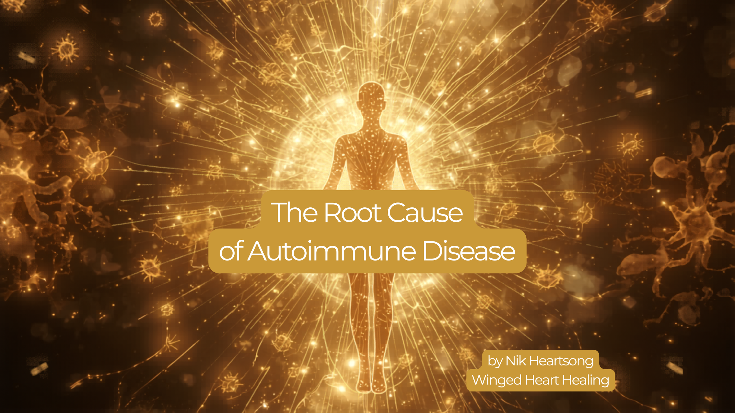 The Root Cause of Autoimmune Disease by Nik Heartsong Winged Heart Healing image of radiating sun with golden immune cells going out from a human form