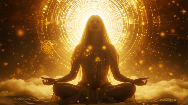 Bioresonance Frequencies and Vibrations radiating out like a golden sun from a meditating woman