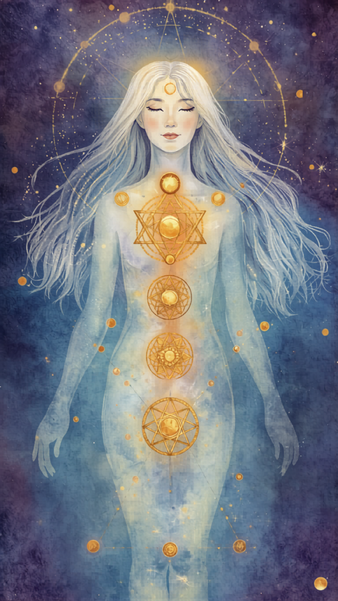 The Body as Frequency - Cosmic Portrait of woman with golden sacred geometry chakras by Nik Heartsong Winged Heart Healing