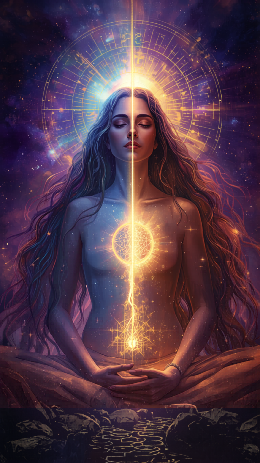 The left-brain dominance behind disconnection from flow root cause healing with Nik Heartsong Winged Heart Healing image of a woman sitting in lotus pose and a golden light is splitting her left and right sides