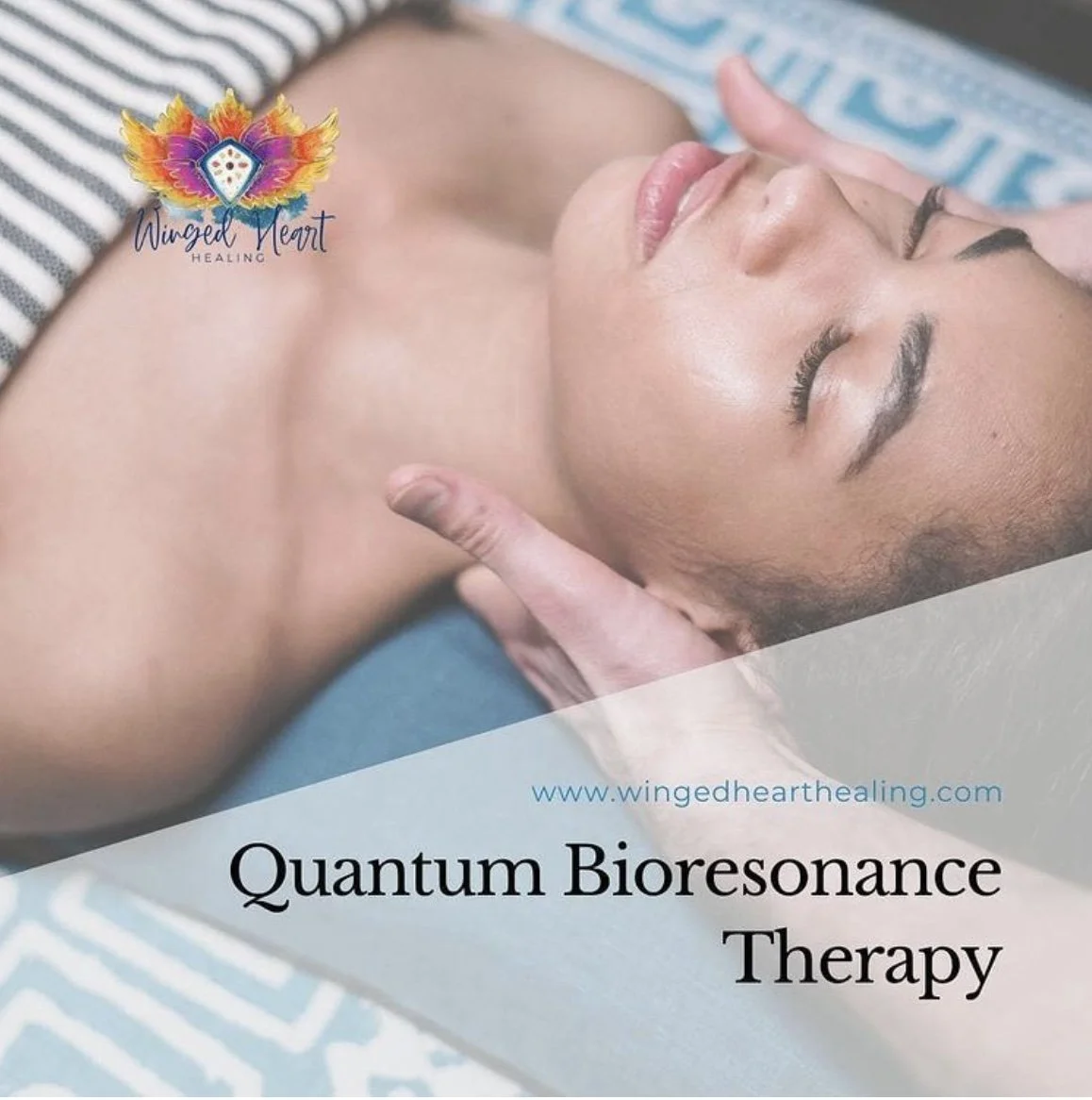 A woman receiving a massage therapy session, with the text 'Quantum Bioresonance Therapy' and the website www.wingedhearthealing.com, along with a colorful winged heart logo. Bioresonance with Nik heartsong of Winged Heart Healing.