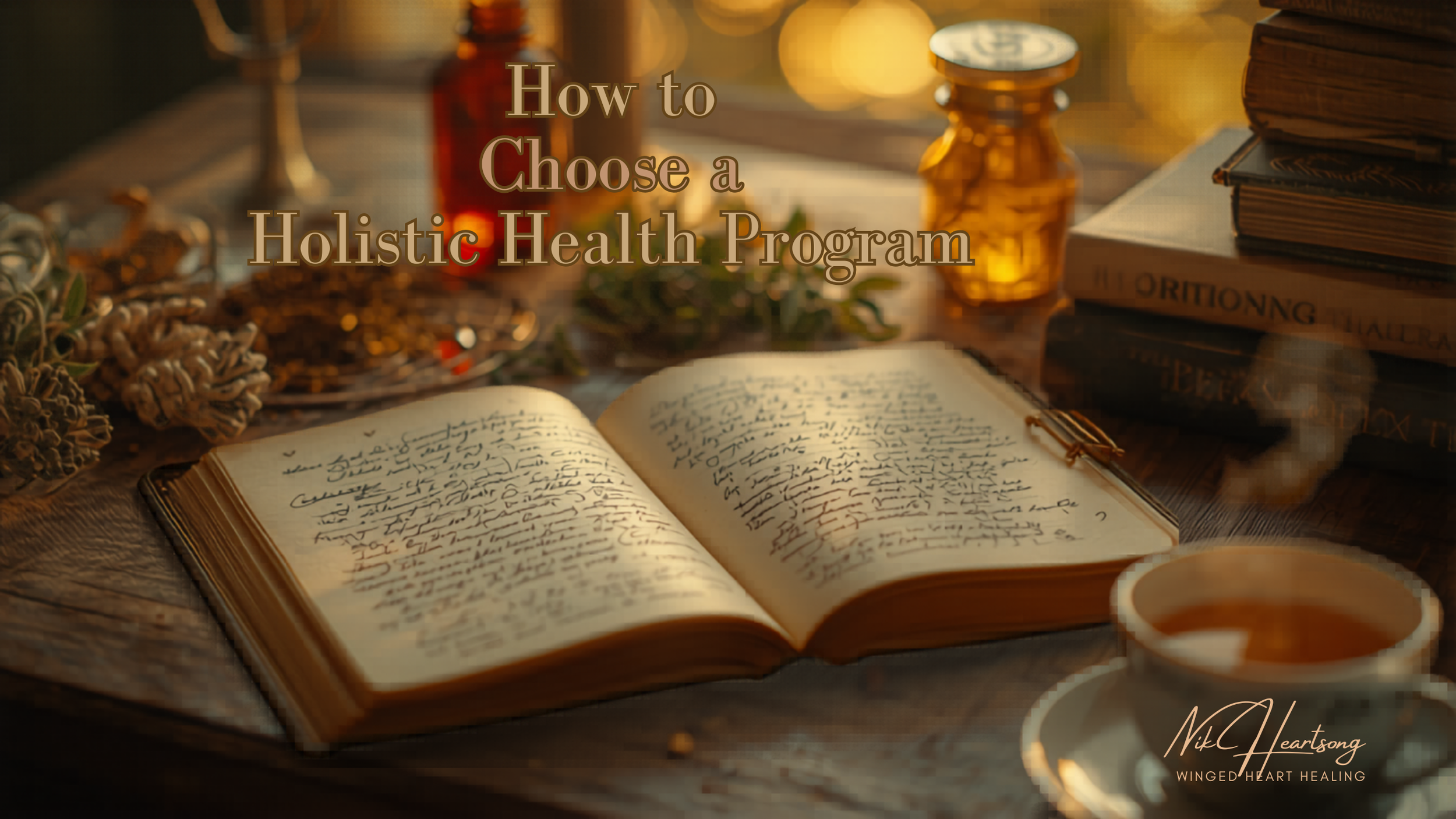 How to Choose a Holistic Health Program that Actually Works by Nik Heartsong Winged Heart Healing Image of a cup of Tea and an open journal full of hand writing