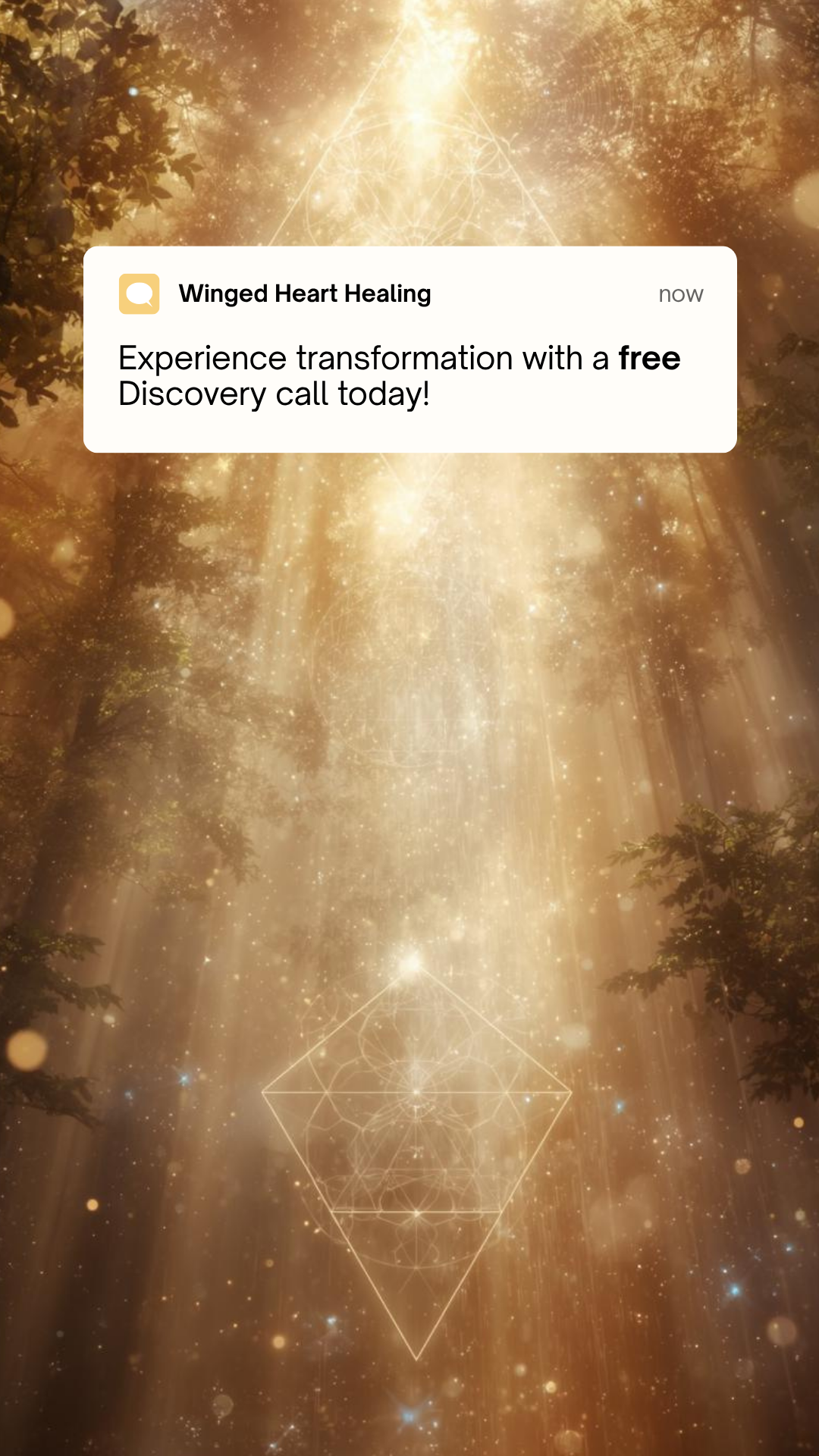 Experience Transformation with a Free Discovery Call Today with Nik Heartsong Winged Heart Healing Sacred Light Healing Golden Light Encoded Forest