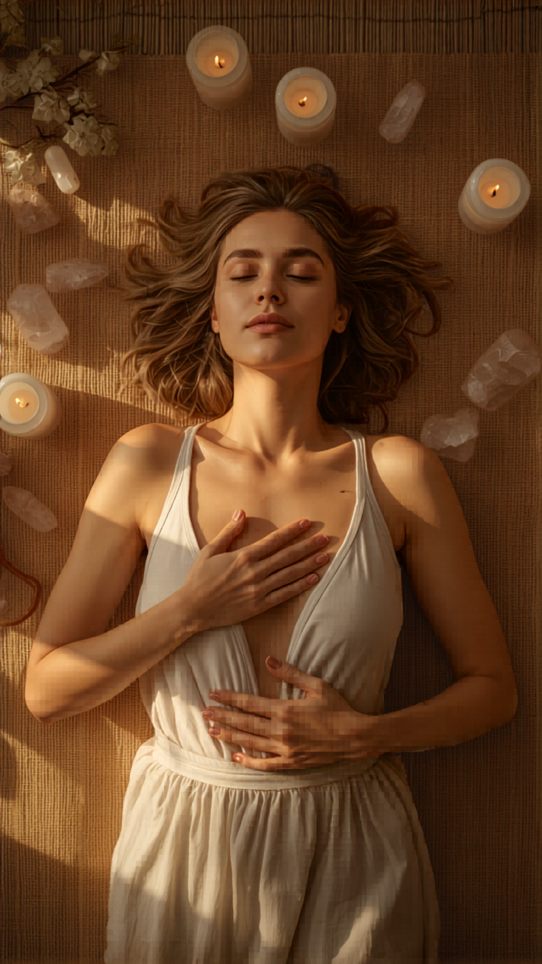 Calm Woman on Honey-Gold Yoga Mat Hand on Heart Candles Around to Calm Nervous System with Nik Heartsong Winged Heart Healing