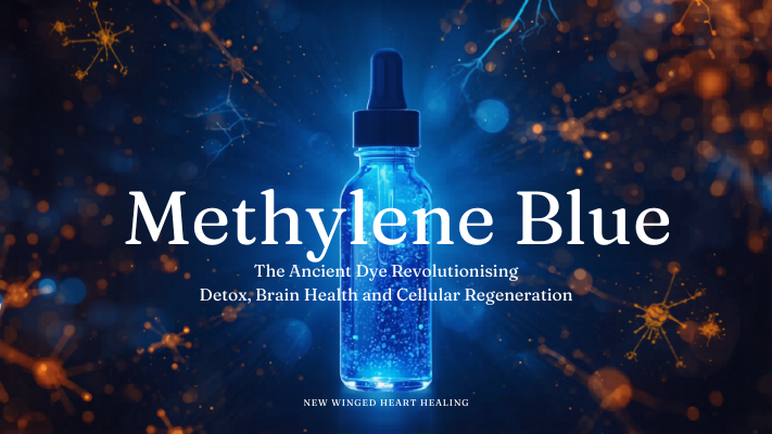 Methylene Blue Revolutionizing Detox Brain Health Regeneration with Nik Heartsong Winged Heart Healing Bright Blue Bottle with bright orange neural pathways radiating outward