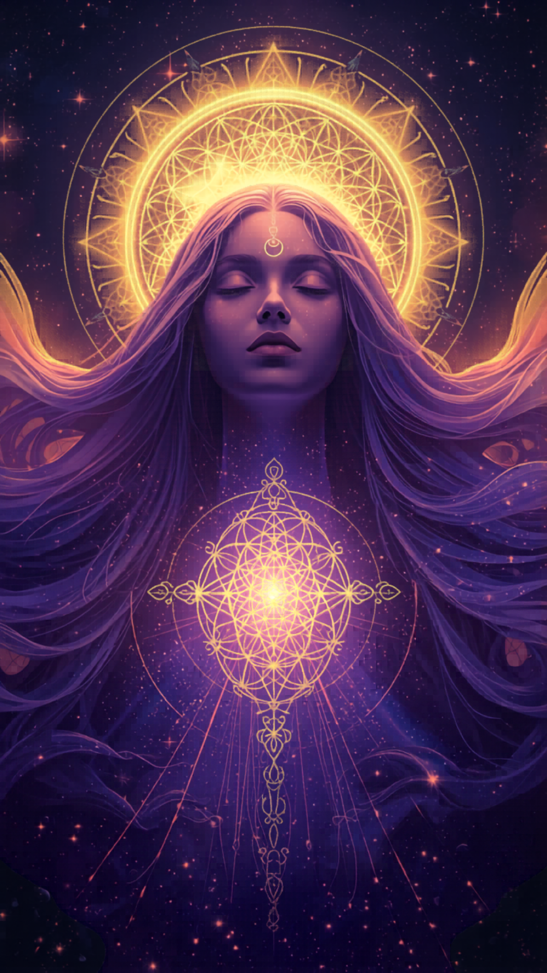 Mind Body Spirit Interconnectedness Image of Cosmic Goddess with Sacred Geometry Golden Sun above crown and heart root cause healing with Nik Heartsong Winged Heart Healing