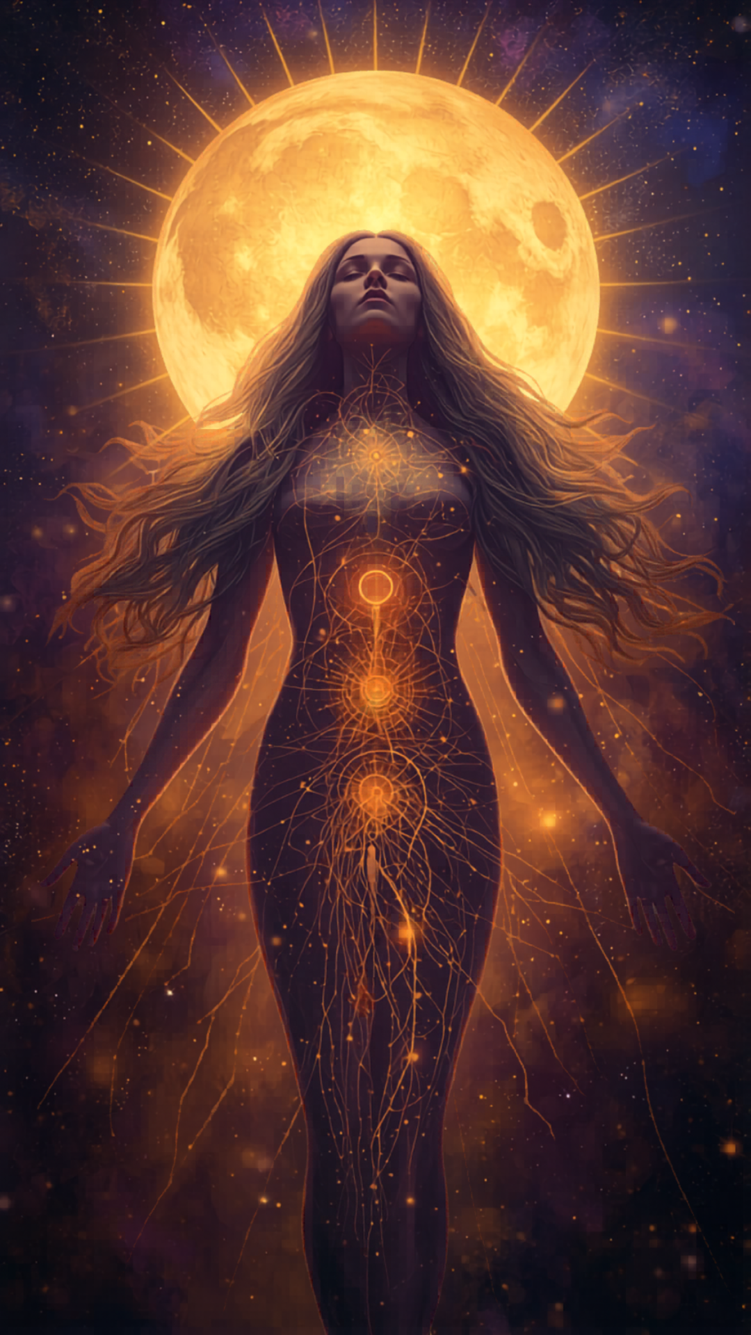 The Body is Not the Enemy in Autoimmune disease - Image of Woman with Golden network of meridians throughout body with Nik Heartsong Winged Heart Healing