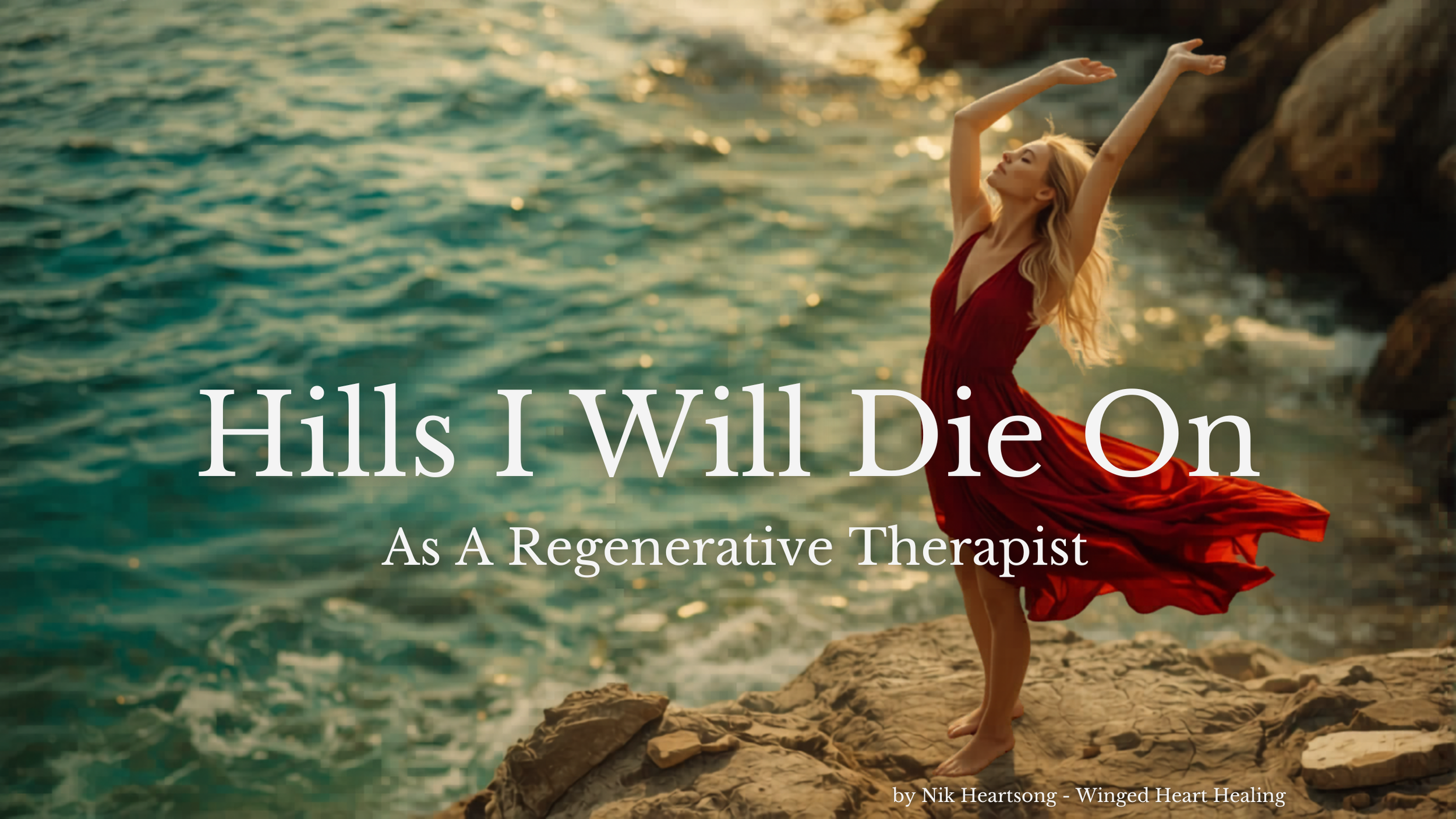 A Woman in a Crimson Dress on the cliff of a turquoise ocean Hills I Will Die On as a Regenerative Medicine Therapist by Nik Heartsong Winged Heart Healing