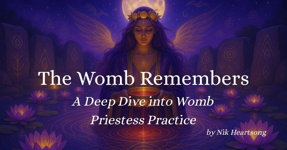 The Womb Remembers A Deep Dive Into Womb Healing Priestess Practices with Nik Heartsong Woman with wings under a full moon doing a moon ritual surrounded by purple lotuses
