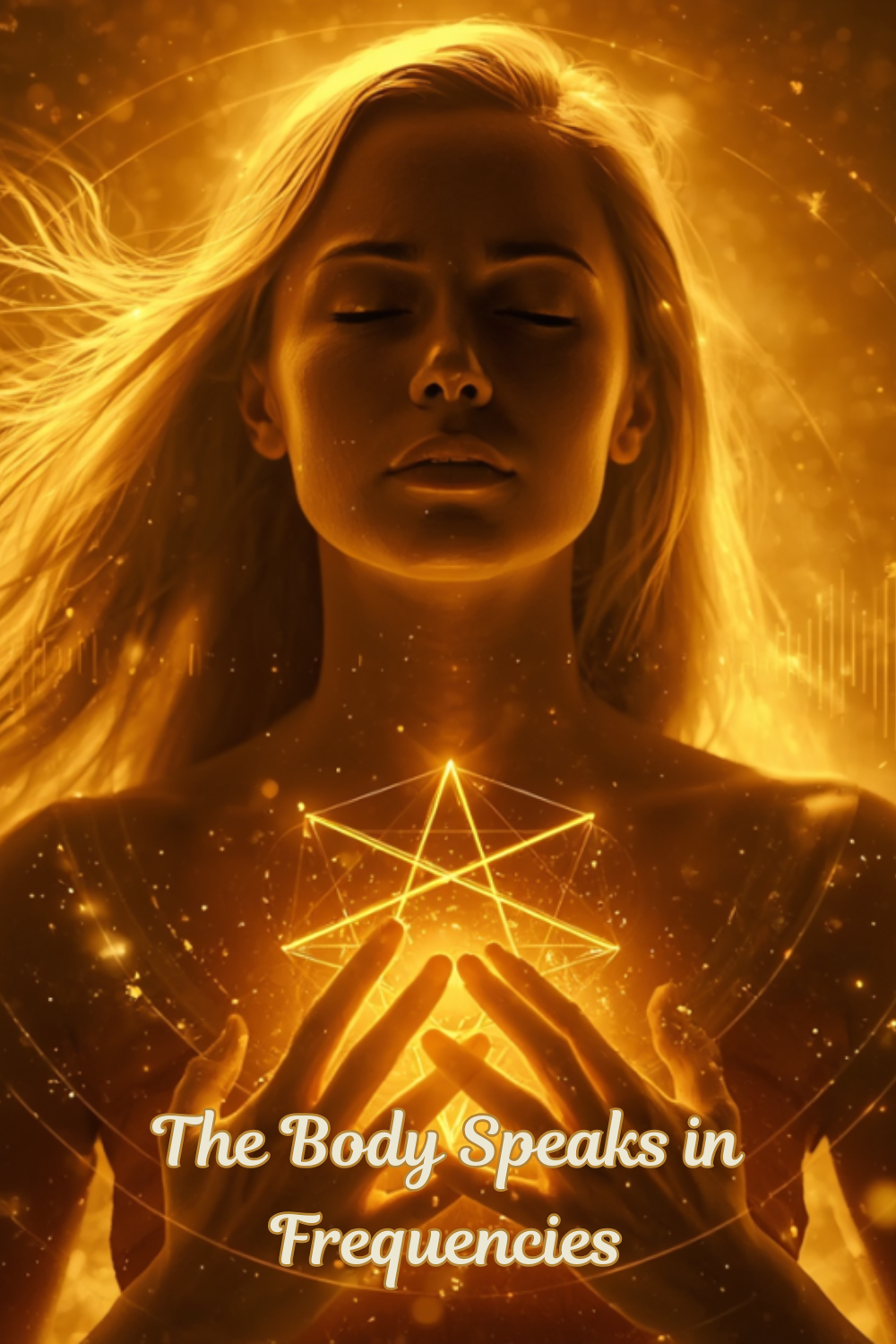 The body speaks in frequencies - image of a woman with golden aura and sacred geometry around her body