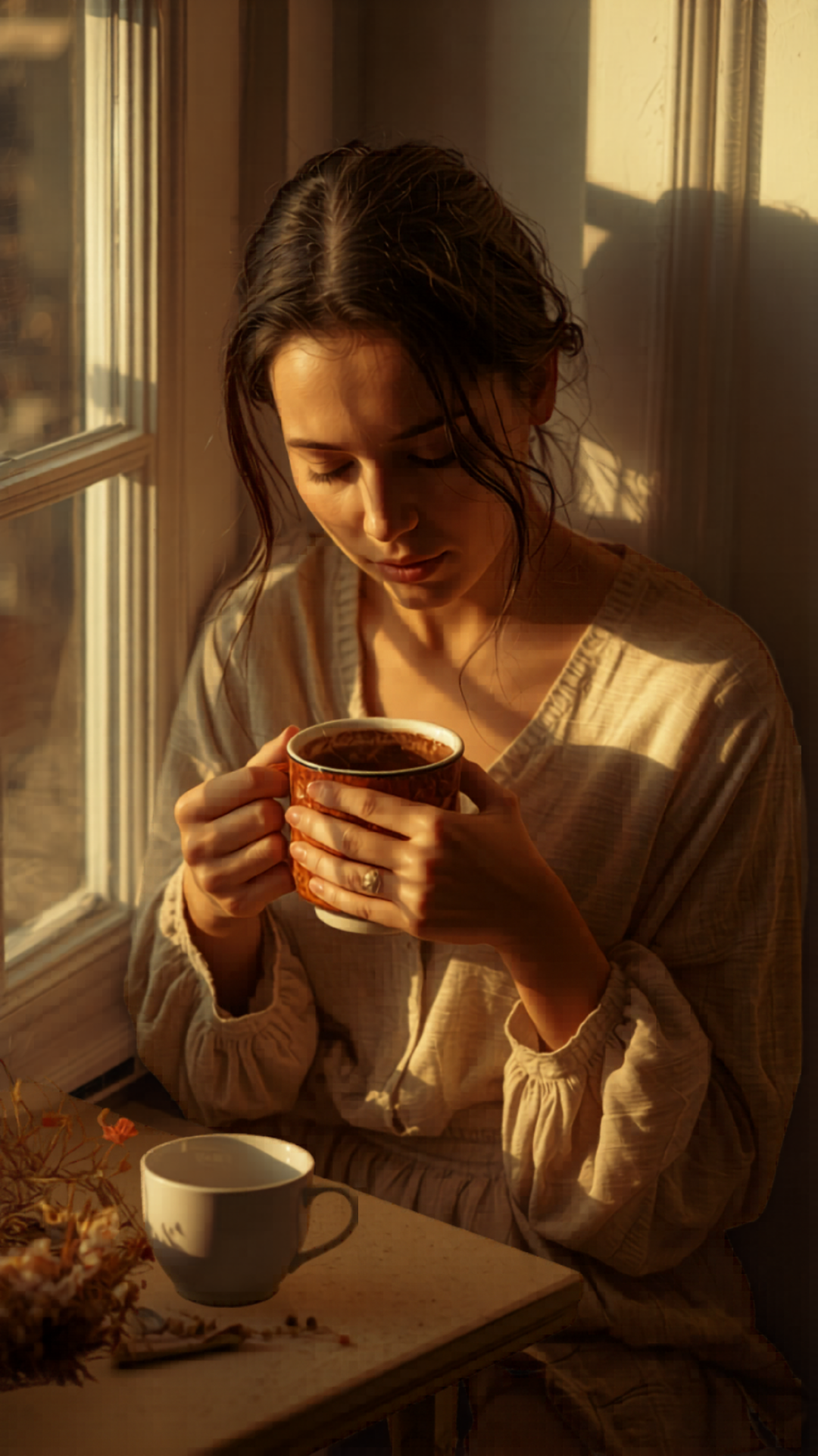 What is Adrenal Fatigue Image of Tired Woman Sitting Next to a Window Drinking Coffee Root Cause Healing with Nik Heartsong Winged Heart Healing