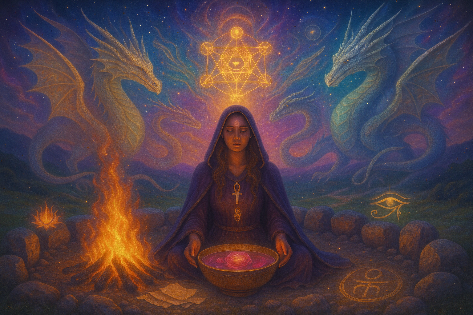 The Morning Womb Protection Ritual Woman Sitting at a Fire with a Golden and Blue Dragon in the sky behind her and a golden Metatron's Cube sacred geometry symbol the woman is wearing a purple robe and a golden ankh necklace with Nik Heartsong Winged