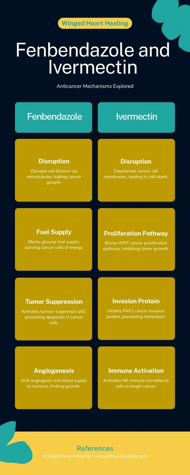 Infographic - Fenbendazole and Ivermectin Anticancer Mechanisms Explored Disrupts Cell Division with Winged Heart Healing