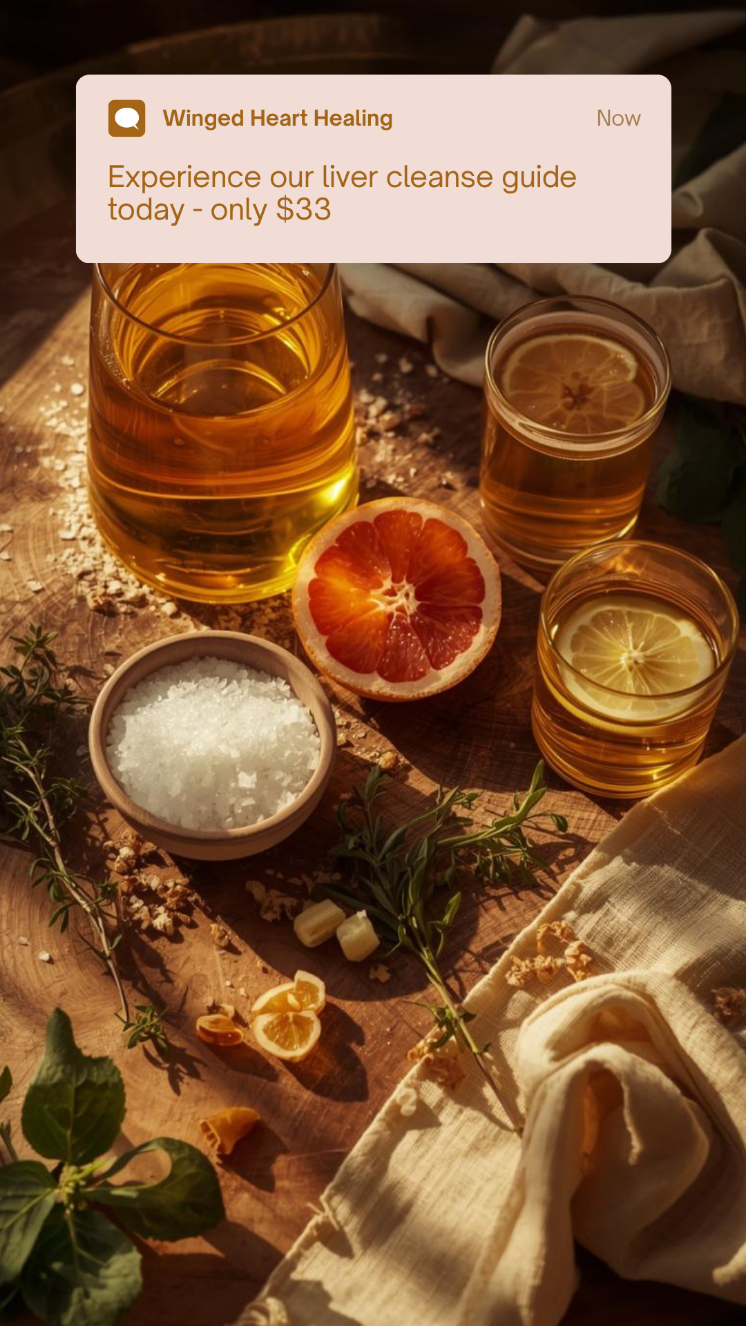 The Liver and Your Healing Journey Image of Liver Flush Ingredients Olive Oil Citrus Grapefruit Epsom Salts and Herbs for liver support with Nik Heartsong Winged Heart Healing