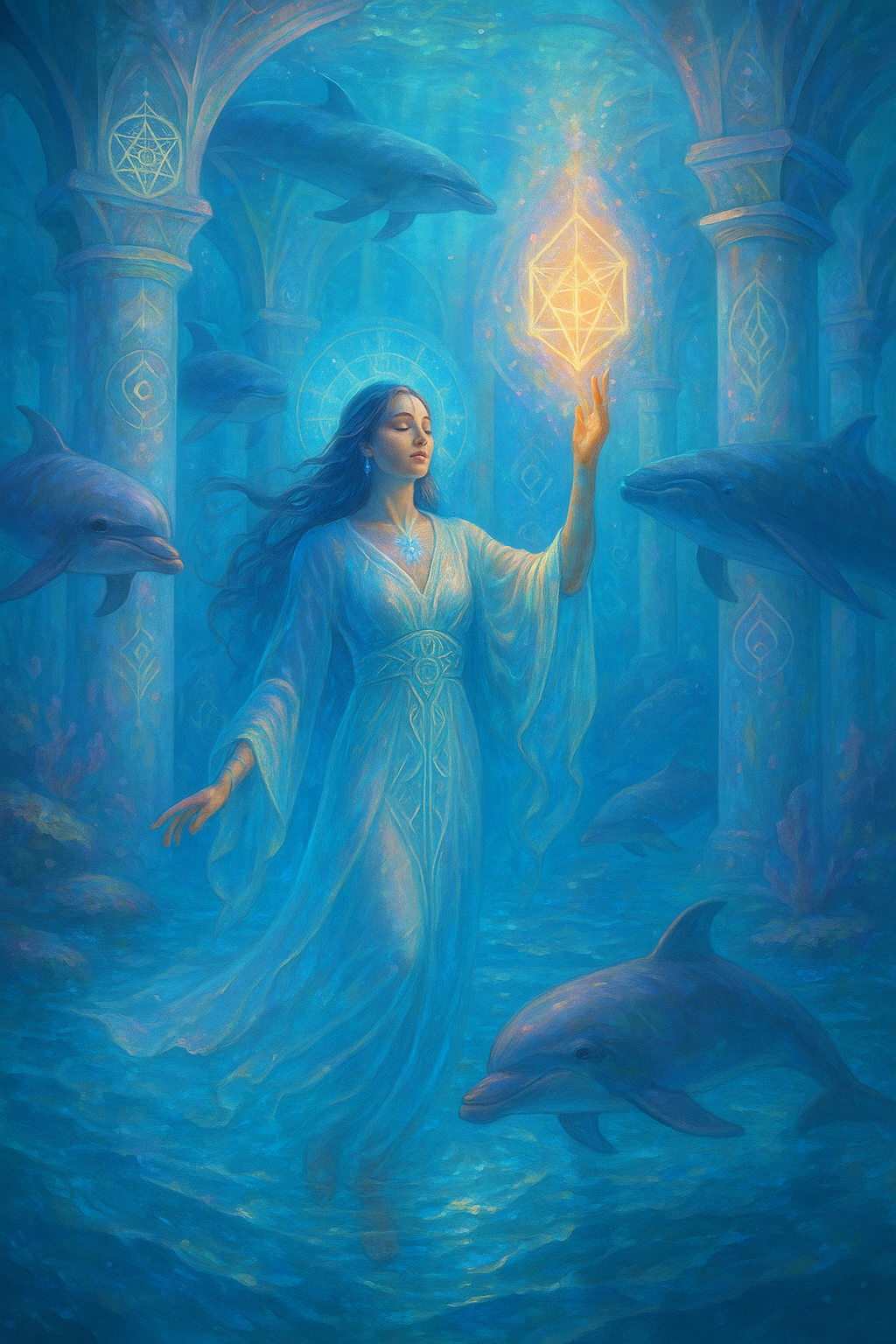 Priestess Handbook Water Element Womb Waters Moon Blessing Ritual Woman in Bright Blue Water Surrounded by Dolphins and Golden Sacred Geometry Priestess Handbook by Nik Heartsong