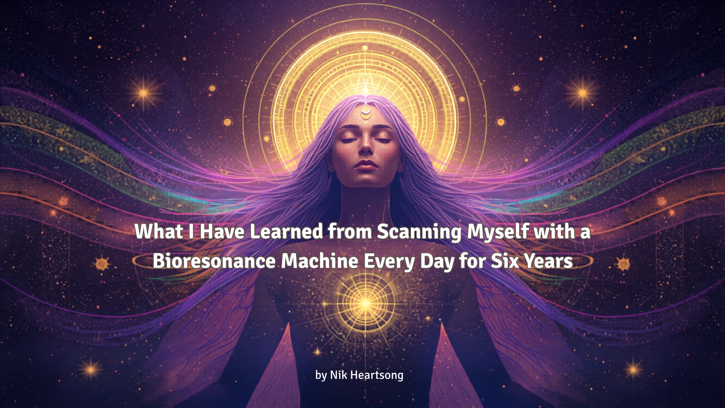 What I Have Learned from Scanning myself with a bioresonance machine for six years by Nik heartsong Winged Heart healing Image of Rainbow Goddess with Bright Golden Sacred Sun Rising from Crown