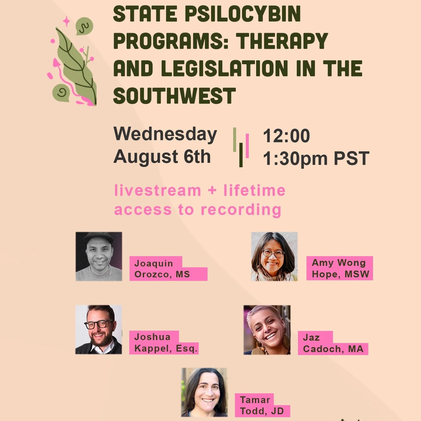 Join us for a timely discussion of the intersection of psychedelic policy, traditional healing, and social equity in the US Southwest. Wednesday 8/6 @ 1:00-2:30 PM MT

We will explore how Latino curanderos, Indigenous communities, healthcare provider
