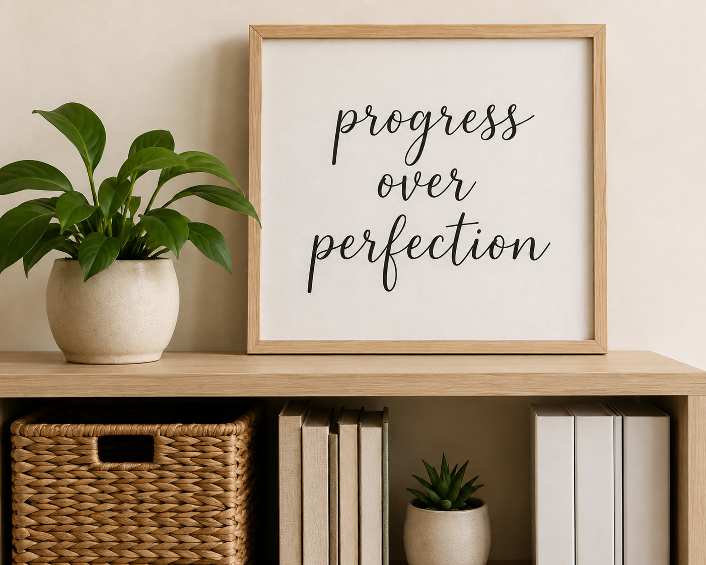 Progress over perfection sign beside organized shelving, books, basket, and plant