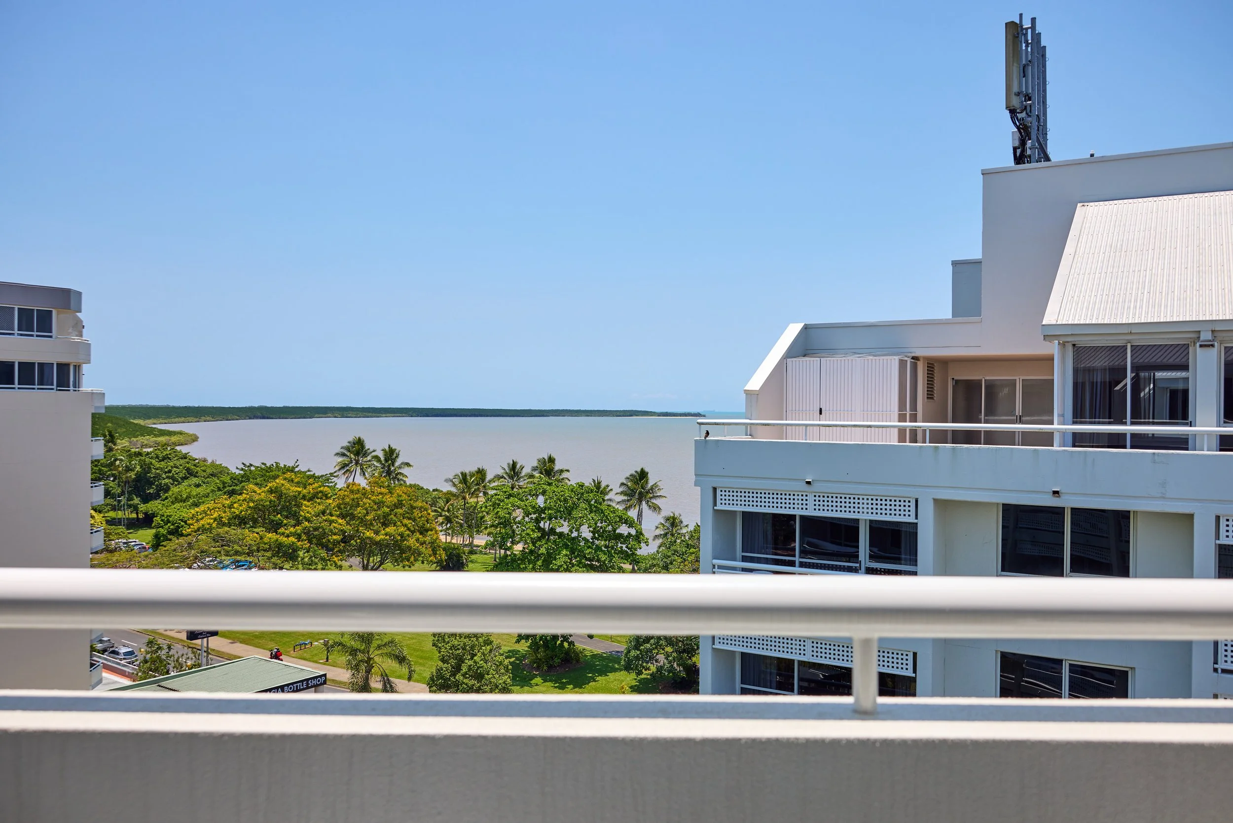 View from balcony across to the sea and with the hotel's second tower.jpg