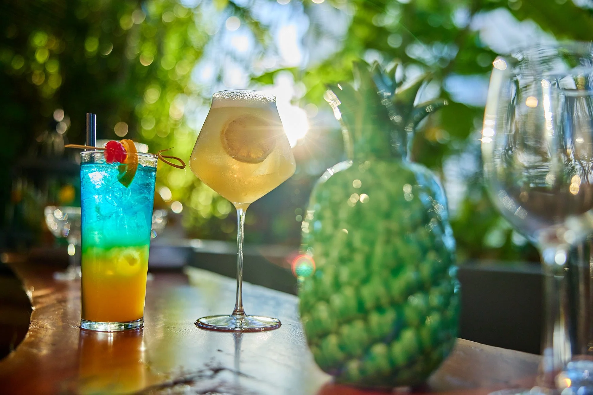 Cocktails and wine in the late afternoon sun.