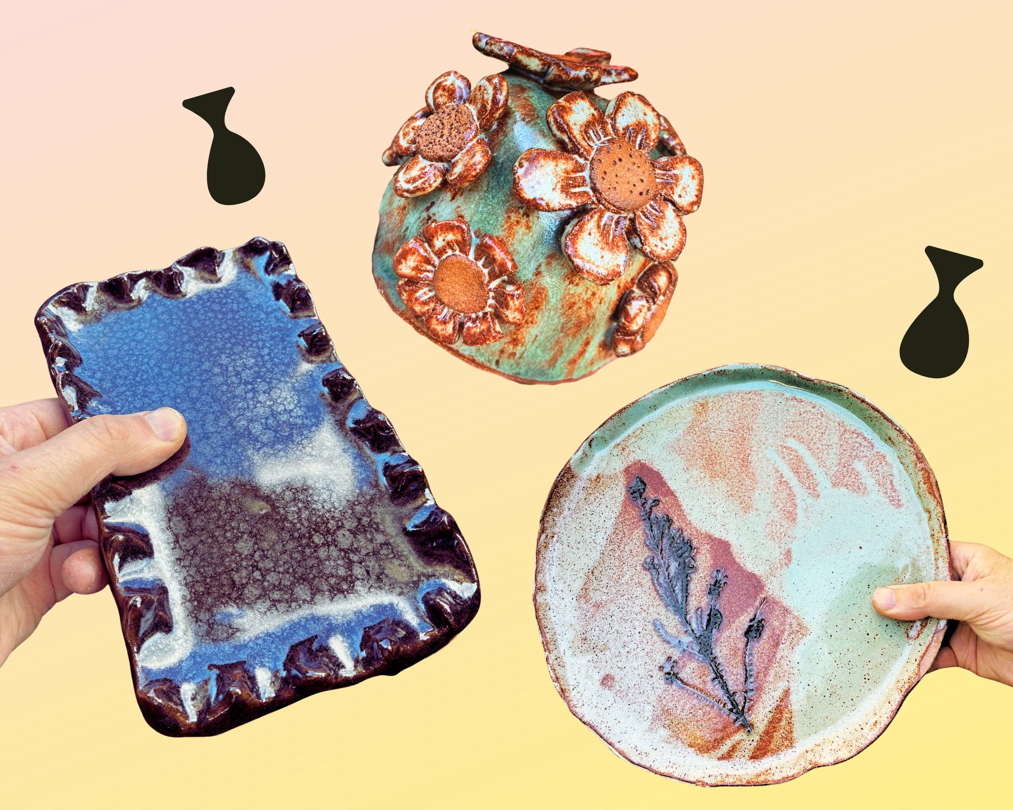 Three ceramic items on a peach background. Two plates in black and mint green glazes and a ceramic pot with cute flowers