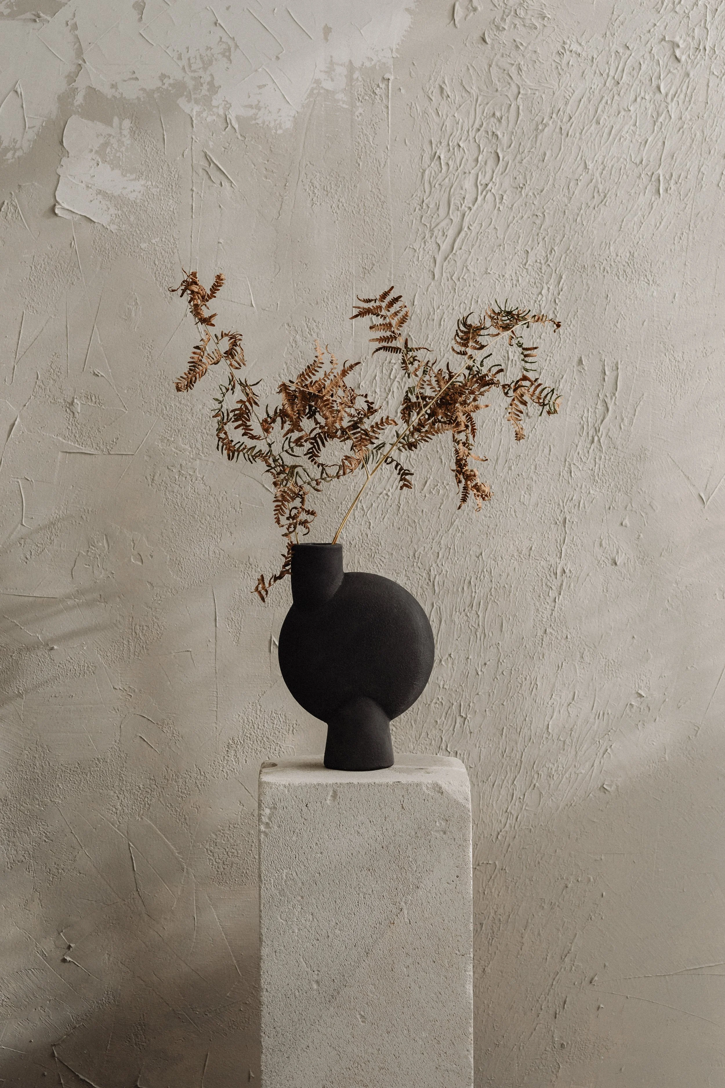 A black spherical vase with a narrow opening at the top, holding dried brown fern leaves, displayed on a white pedestal against a textured off-white wall.
