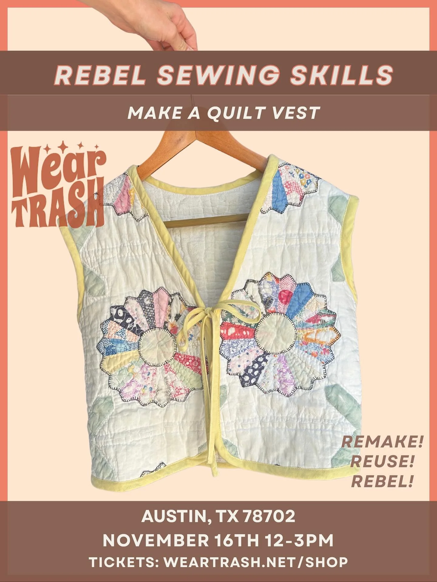 Rebel Sewing Skills Part 4, babyyyy! I will be providing many gorgeous quilts for this class for folks to choose from for their vests🥰 but you can also bring your own.
This class is recommended for “confident beginners” which just means