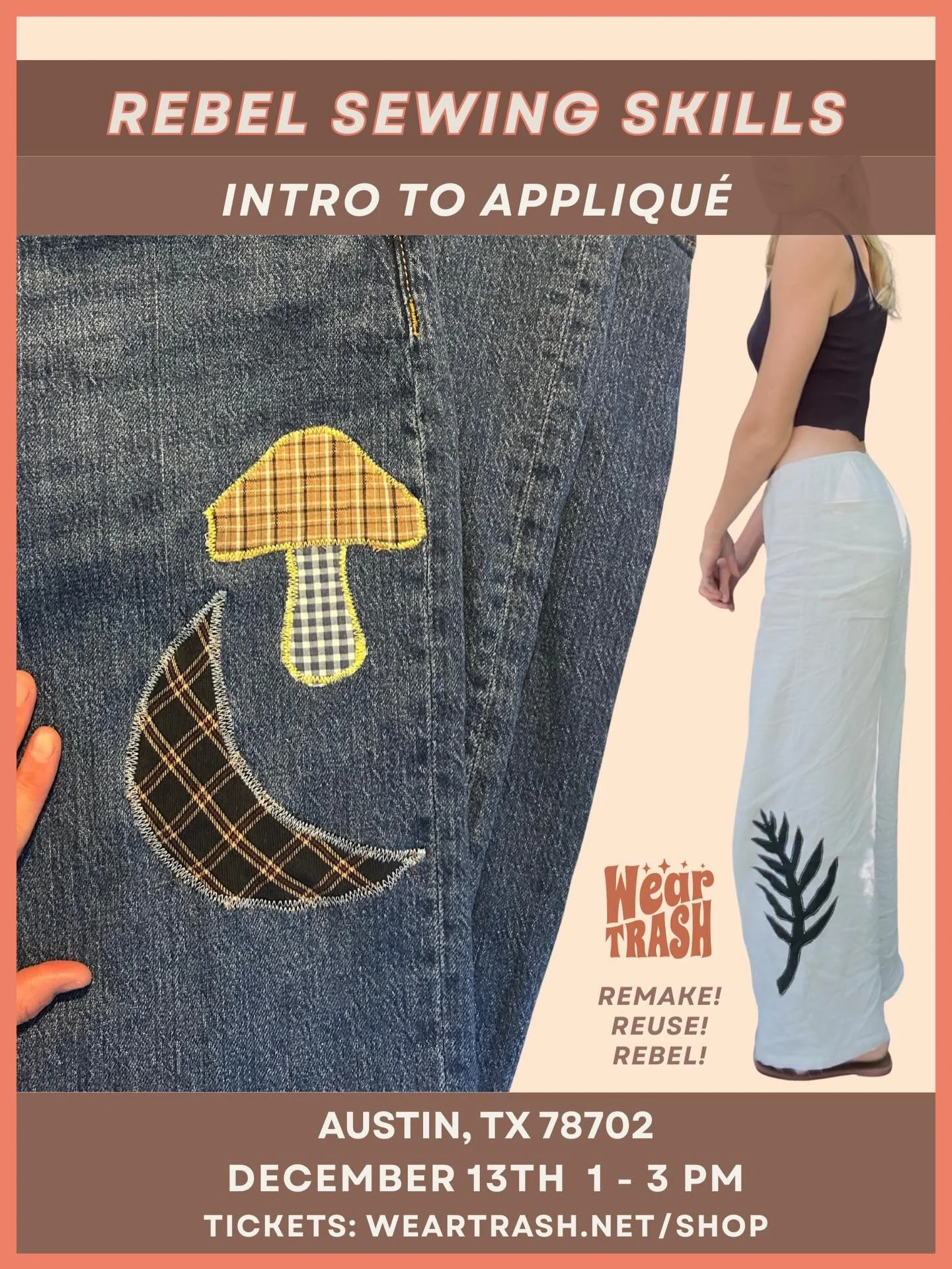 Appliqu&eacute; is such a versatile technique! You can use it to patch holes, cover stains, make banners, or just add embellishments onto boring pieces in your closet. Come hang out and learn the basics next Saturday 🥰 limited # of tix because I tea